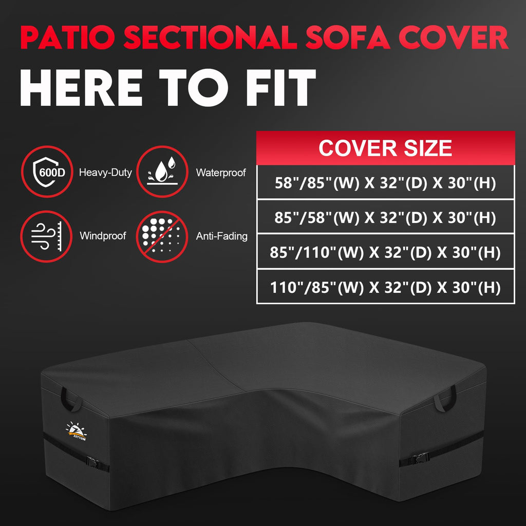 Zettum Outdoor L-Shaped Sectional Cover - 600D Patio Sectional Sofa Cover, Waterproof Patio Furniture Covers for 4-Seater Outdoor Sectional Sofa and Couch, Left Facing, 58x85 Inch Wide