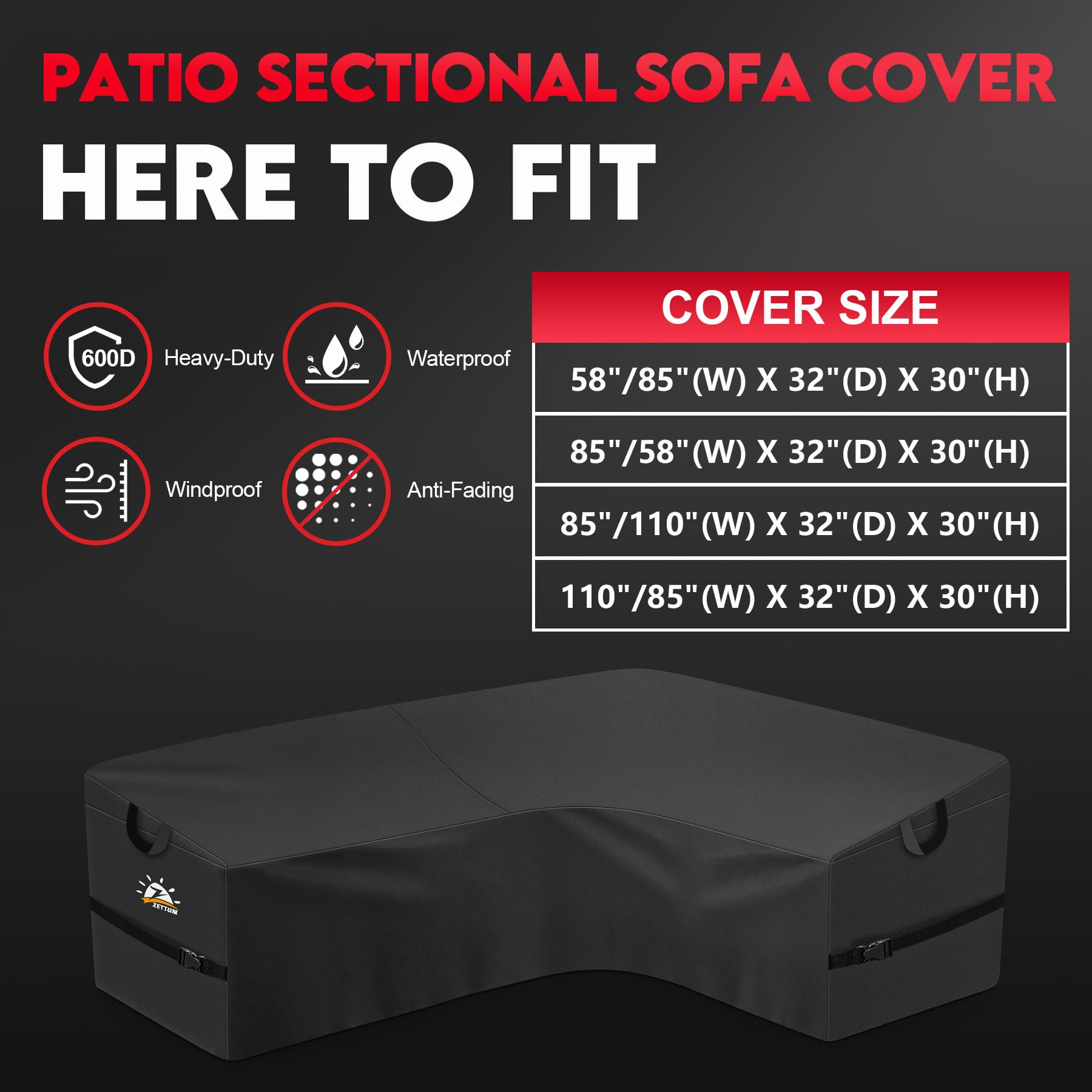 Zettum Outdoor L-Shaped Sectional Cover - 600D Patio Sectional Sofa Cover, Waterproof Patio Furniture Covers for 4-Seater Outdoor Sectional Sofa and Couch, Left Facing, 58x85 Inch Wide