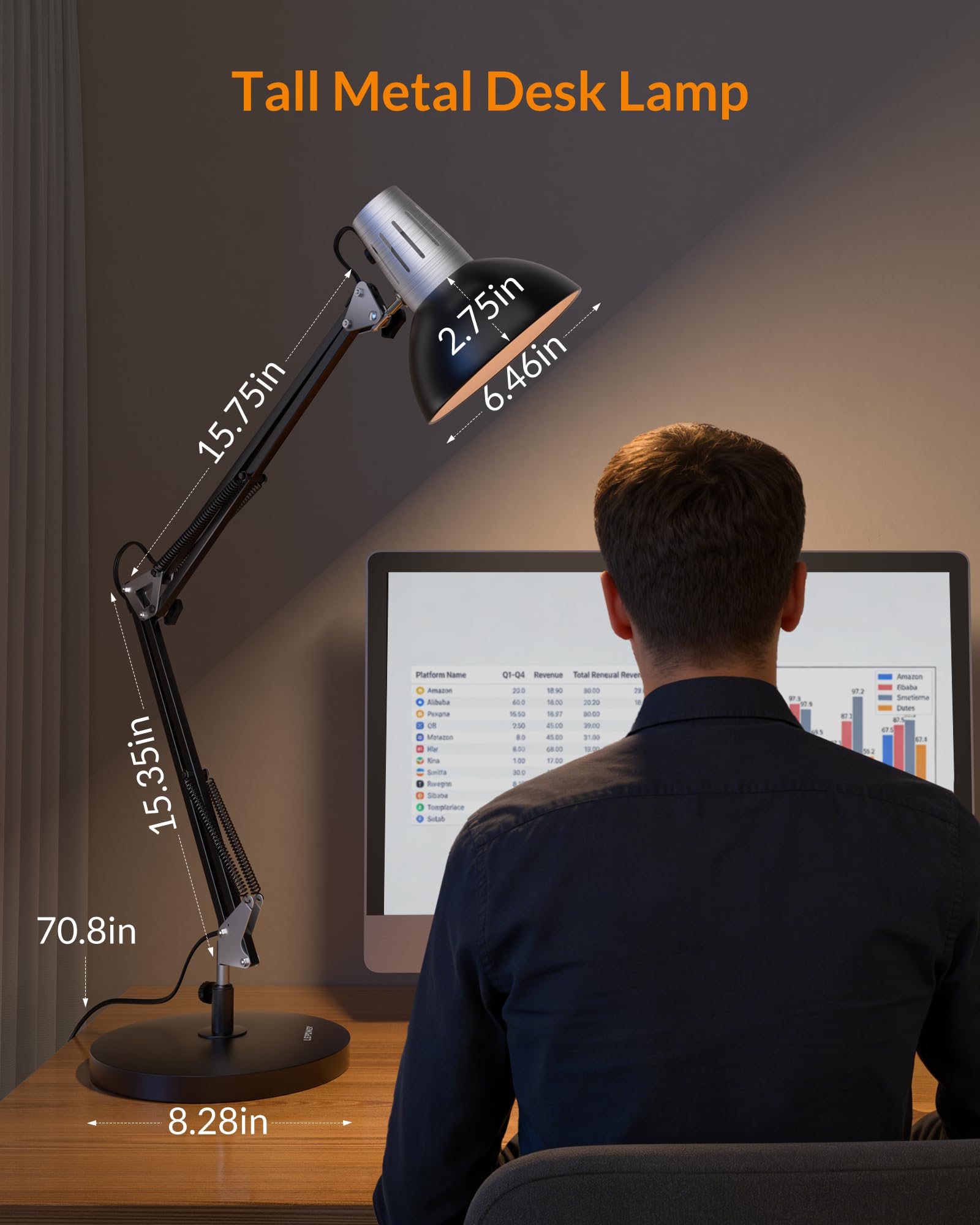 LEPOWER Metal Desk Lamp, Adjustable Goose Neck Architect Table Lamp with On/Off Switch, Swing Arm Desk Lamp with Clamp, Eye-Caring Reading Lamp for Bedroom, Study Room &Office (Sandy Black)