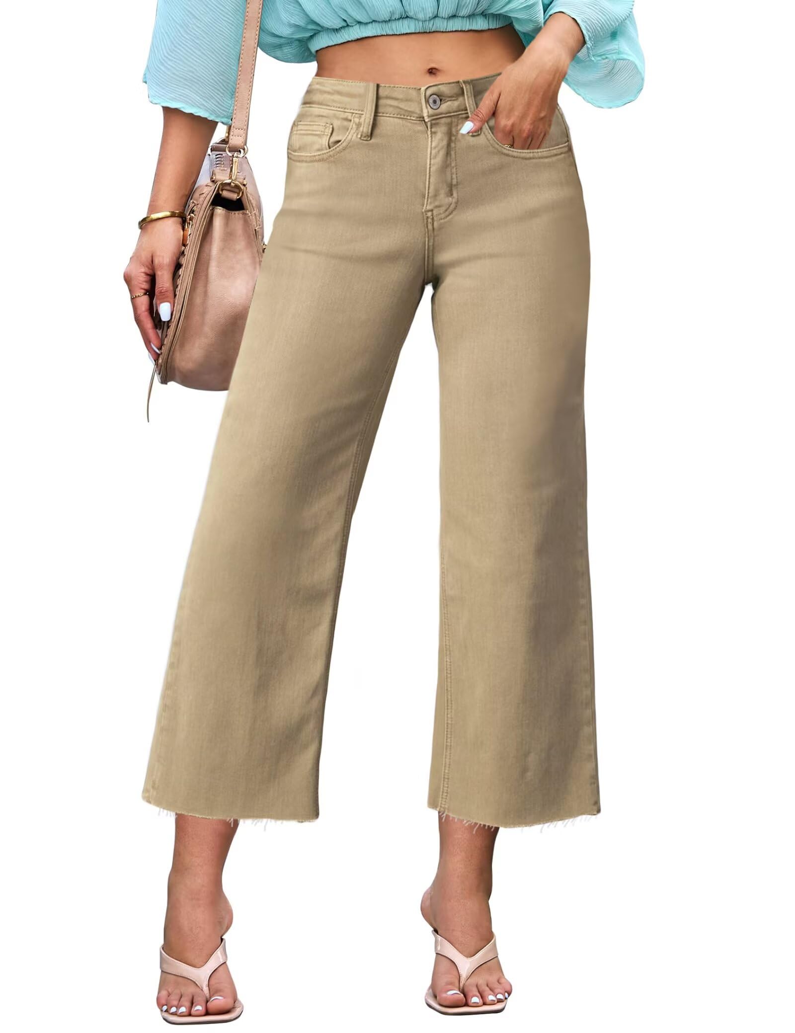 Allimy Women's High Waisted Straight Ankle Wide Leg Ripped Jeans Frayed Hem Stretchy Capri Denim Pants