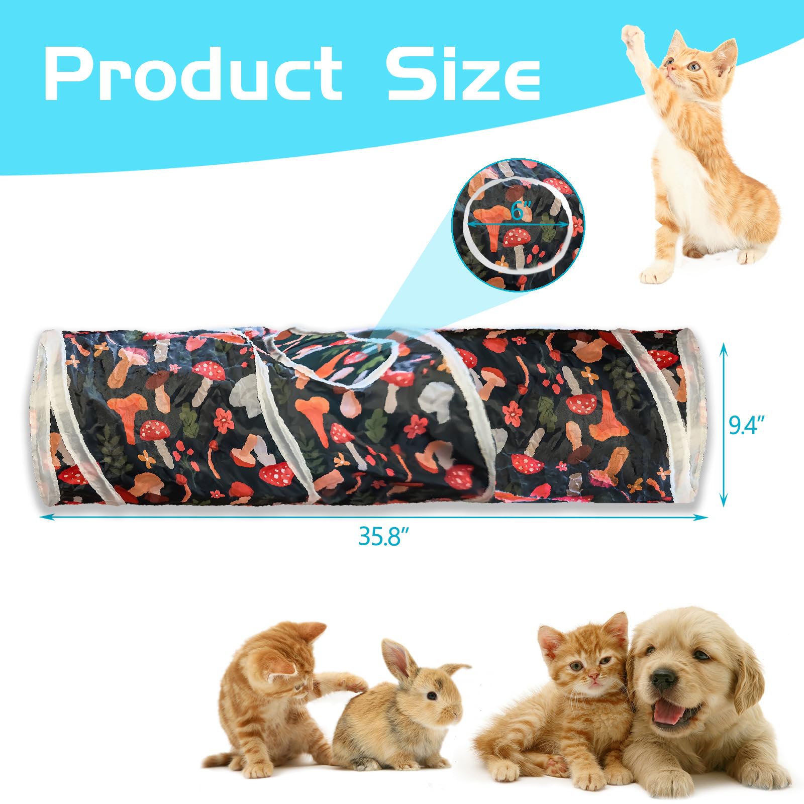 Sheldamy Cat Tunnel, 2-Way Collapsible Play Tunnel, Interactive Toy Maze for Small Animals, Suitable for Kittens, Puppies, Rabbits, Ferrets, Blue & Black