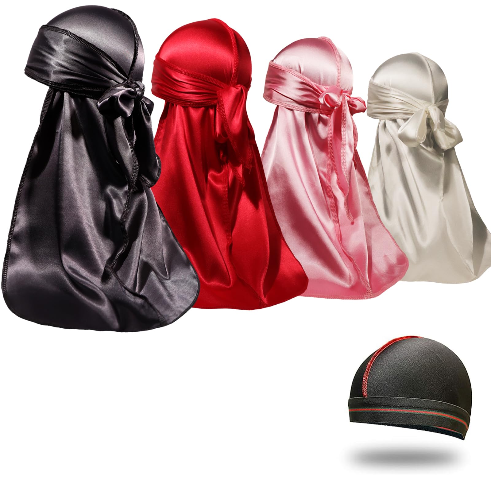 4PCS Silky Durags for Men Women 360 Waves with 1 Wave Cap, Silky Satin Durag Extra Long Tails