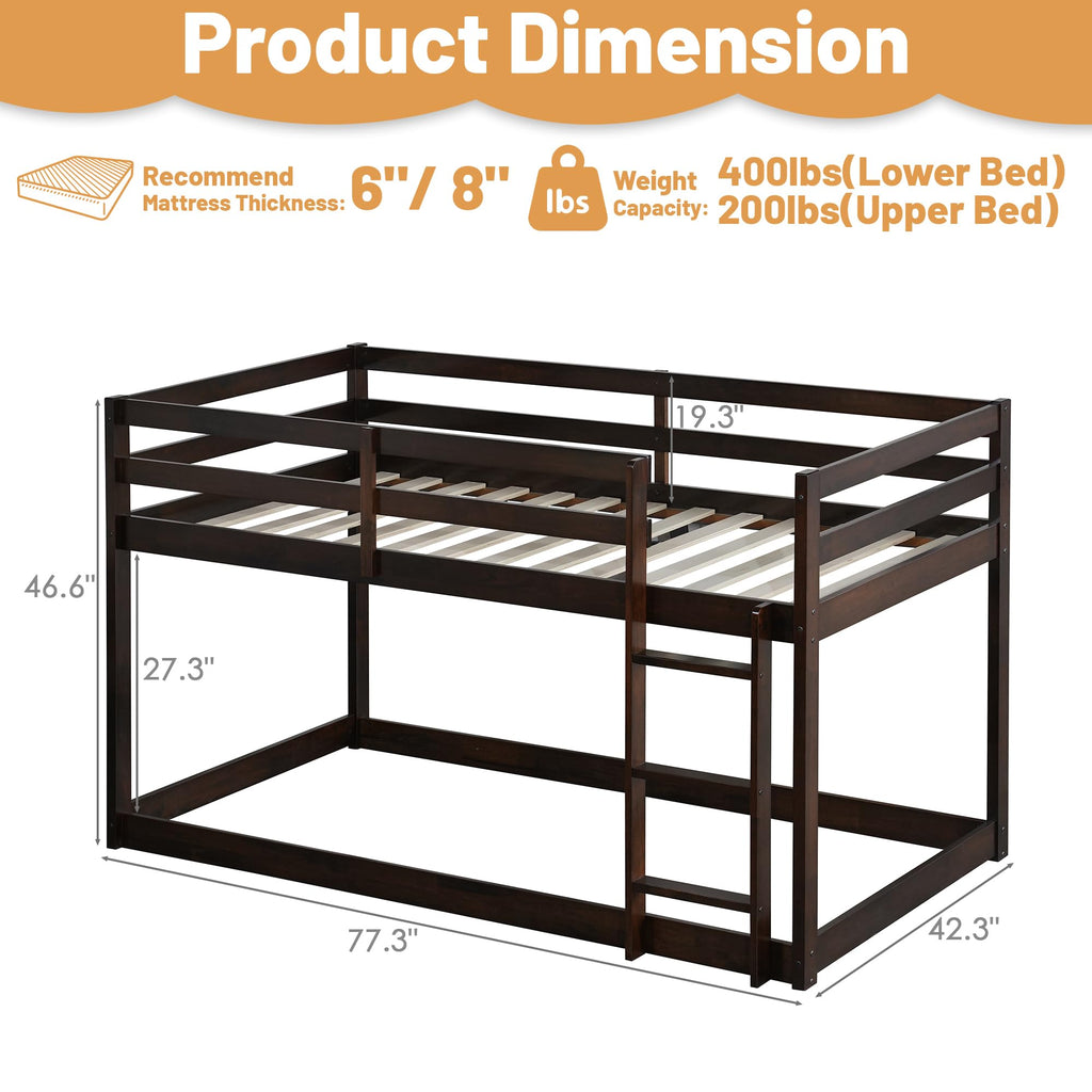 Bunk Bed Twin Over Twin, Wood Low Profile Floor Twin Bunk Beds with Headboard Ladder Guardrails for Kids Boys and Girls, No Box Spring Needed
