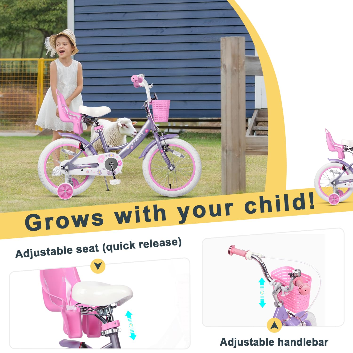 Glerc Maggie Girls Bike, 12-20 Inch Kids Bike for 2-13 Years Old Children, Princess Style Kids Bicycle with Doll-Seat & Basket & Training Wheels, Multiple Colors