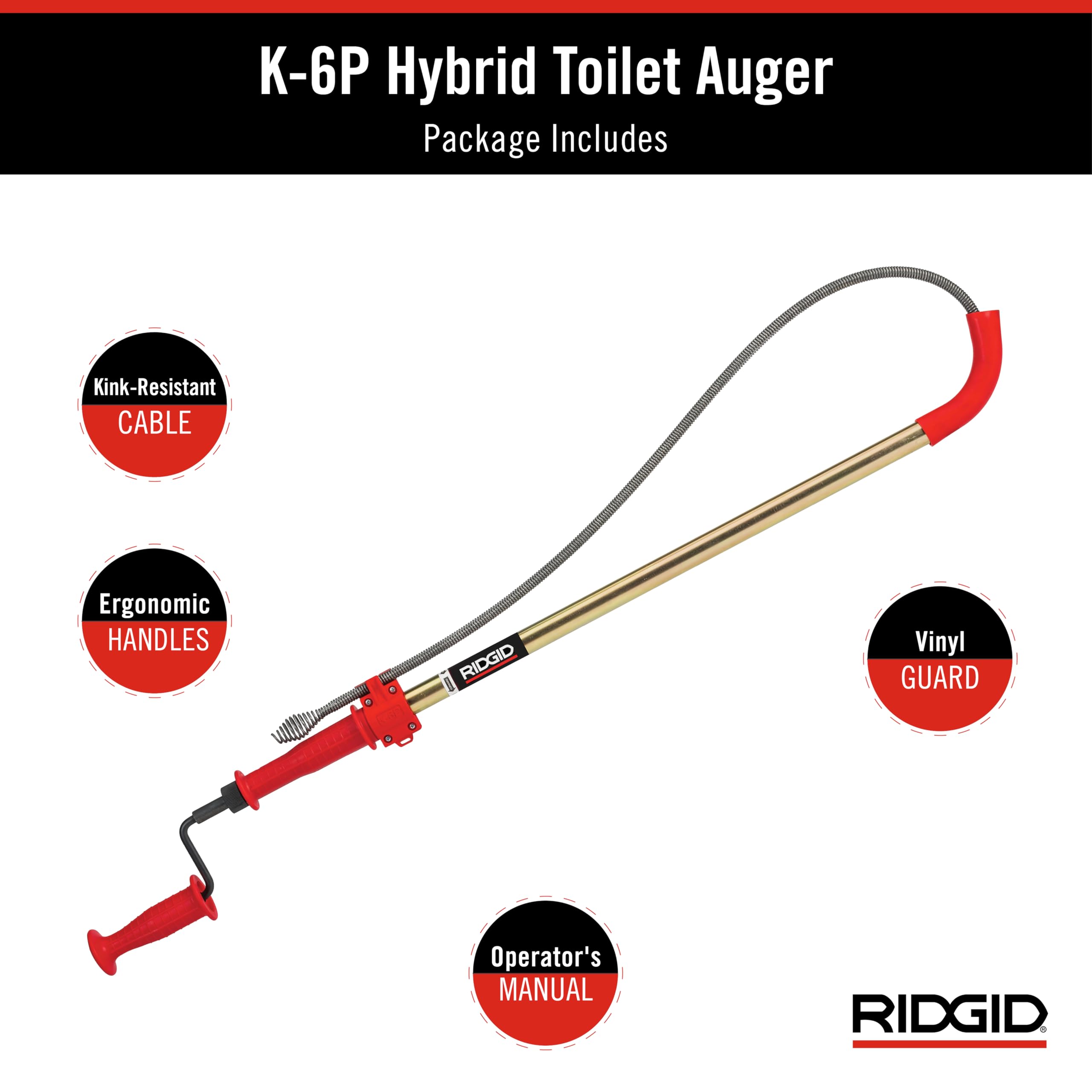 Closet Auger, 6 ft Cable Lg, 1/2 in Cable Dia, Power Drill Compatible, Bulb Head, Manual Cable Feed - 1 Each