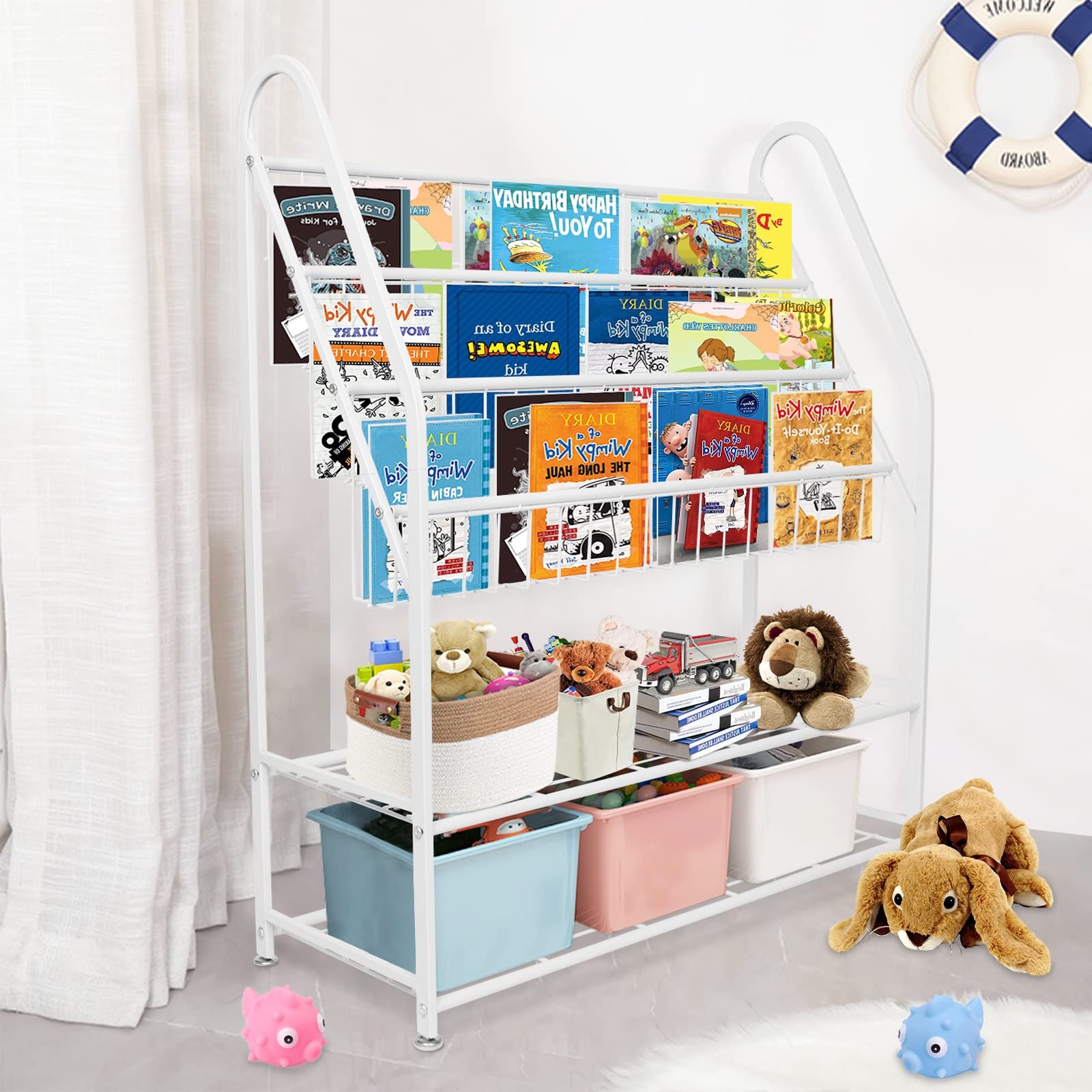aboxoo Metal Kids Bookshelf Black Large Freestanding for Children Room 32 in Toy Organizer Large Stable Bookcase Bookstore Library Book Unit Storage Kids Bed Living Room