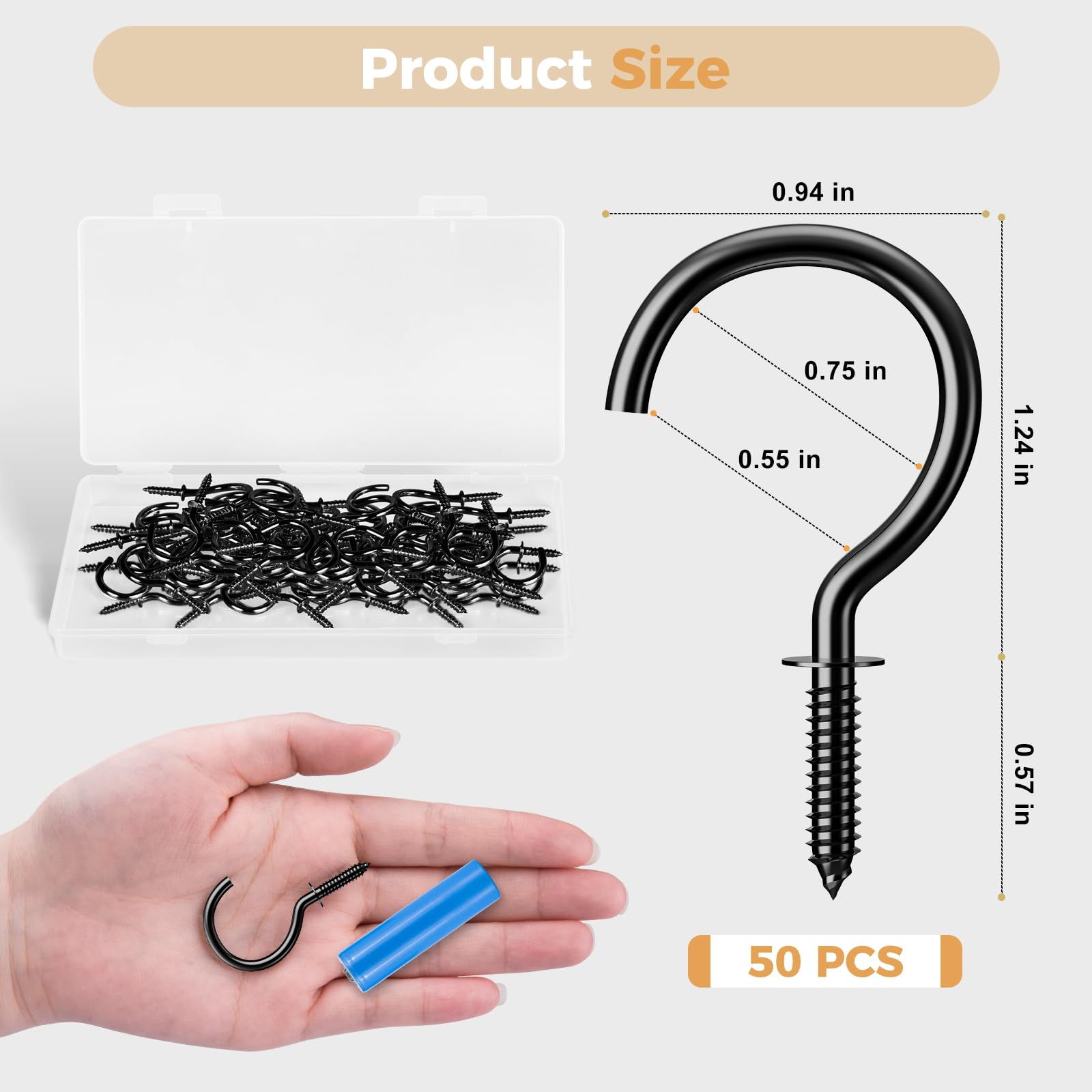 RELBRO Screw Hooks, 1-1/4 Inch Metal Screw in Cup Hooks, Black, 50 Pcs