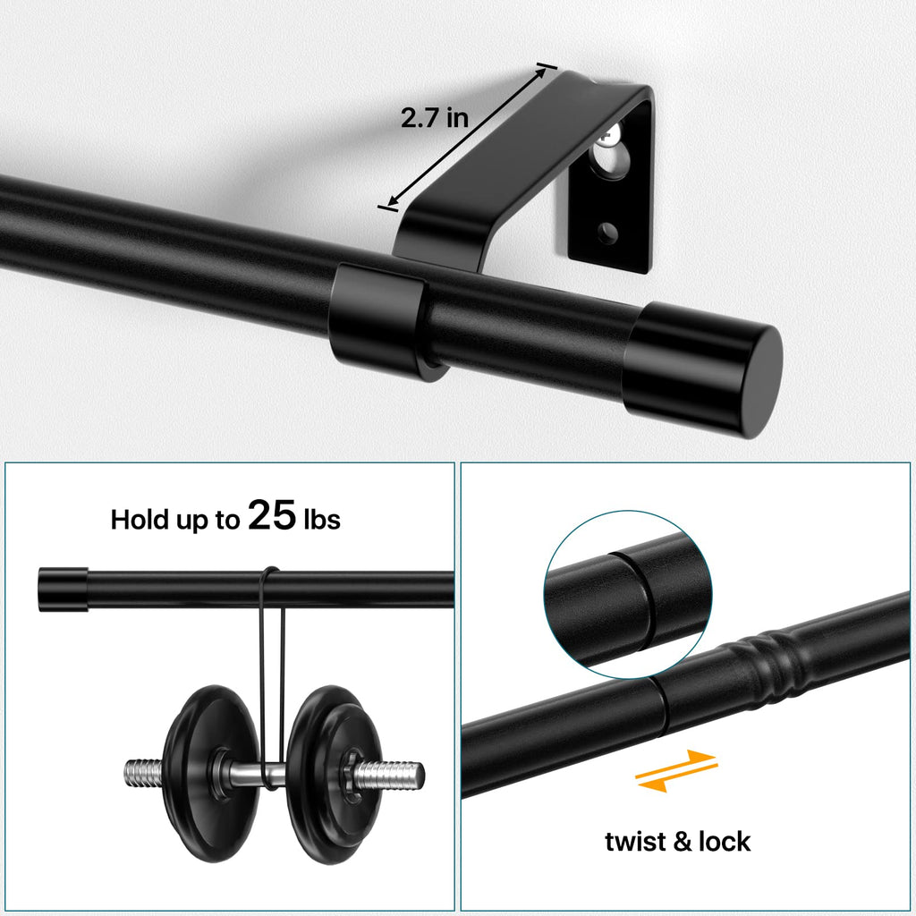Curtain Rods for Windows, Single Adjustable 32 to 48 inch Curtain Rod Set with Brackets, 5/8 inch Diameter Metal Drapery Rod for Bedroom, Kitchen, Heavy Duty, Black