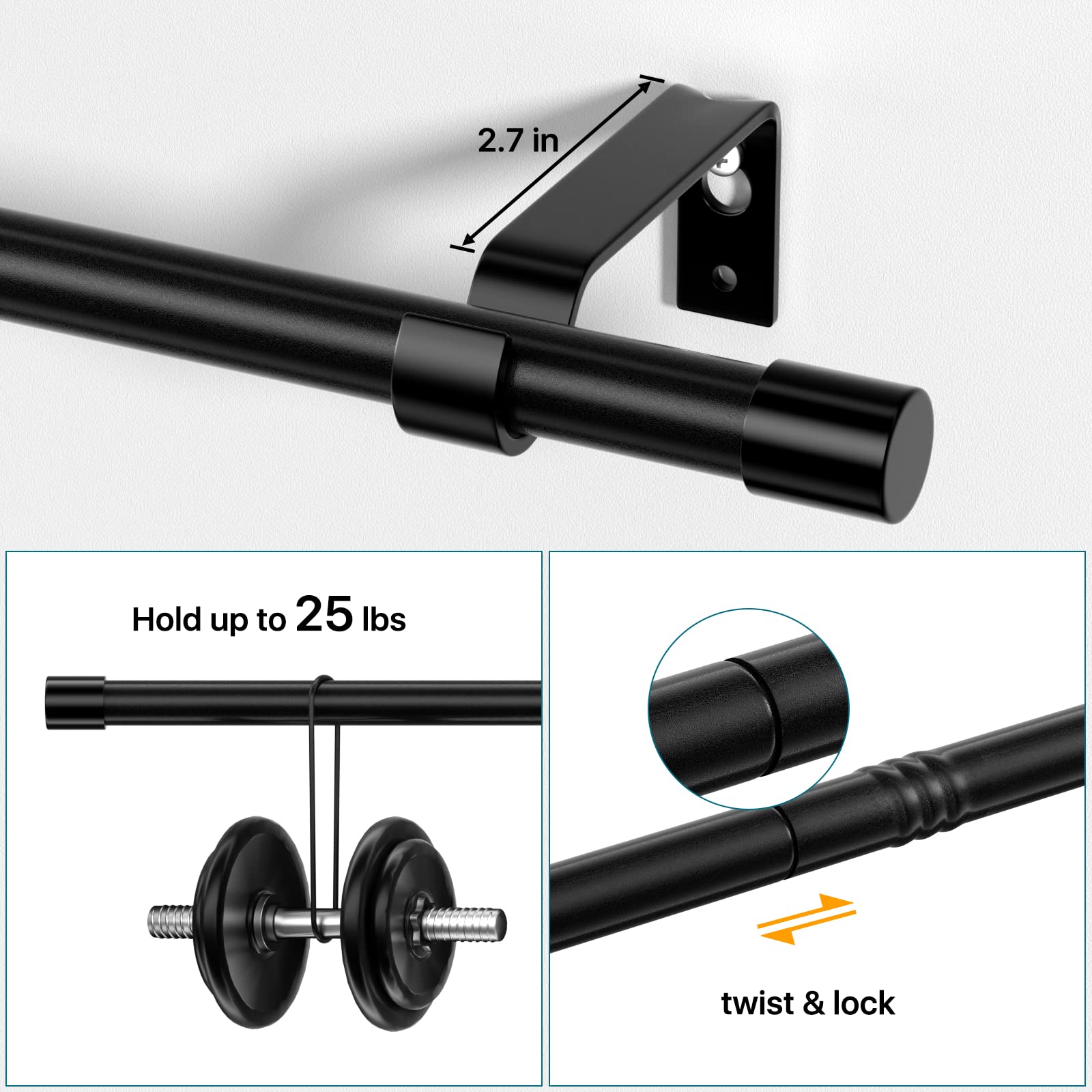 Curtain Rods for Windows, Single Adjustable 32 to 48 inch Curtain Rod Set with Brackets, 5/8 inch Diameter Metal Drapery Rod for Bedroom, Kitchen, Heavy Duty, Black
