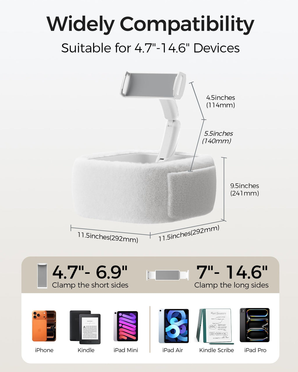 LULULOOK Tablet Pillow Stand, Compatible with iPad, iPhone and 4.7-14.6”Tablet, 360° Adjustable Kindle Pillow Stand for Bed with Ultra Fluffy Fabric & Snack Bowl (Cloudy White)