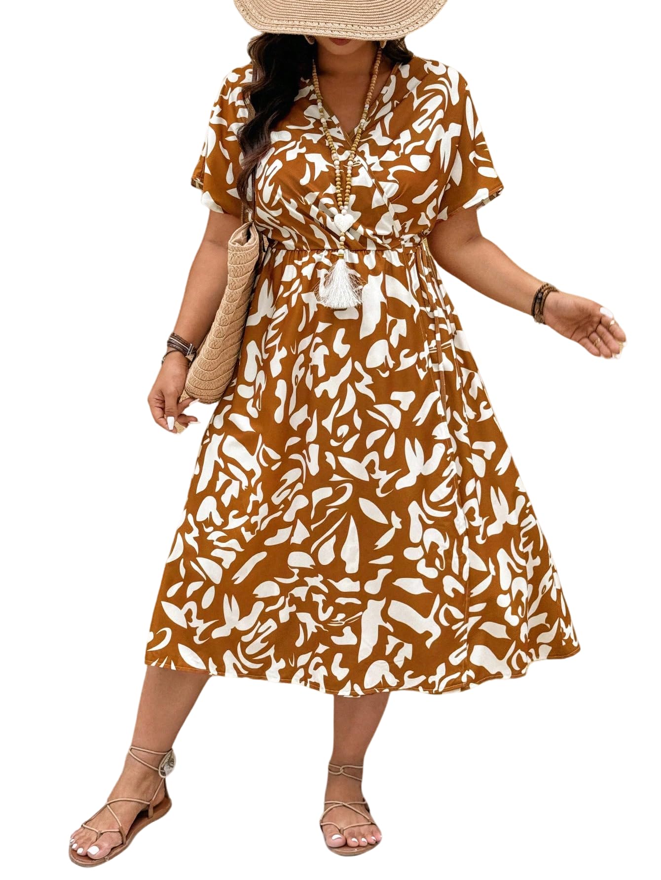 Floerns Women's Plus Size Boho Hawaiian Tropical Dresses V Neck Short Sleeve Floral A Line Long Dress Vacation Beach Outfits