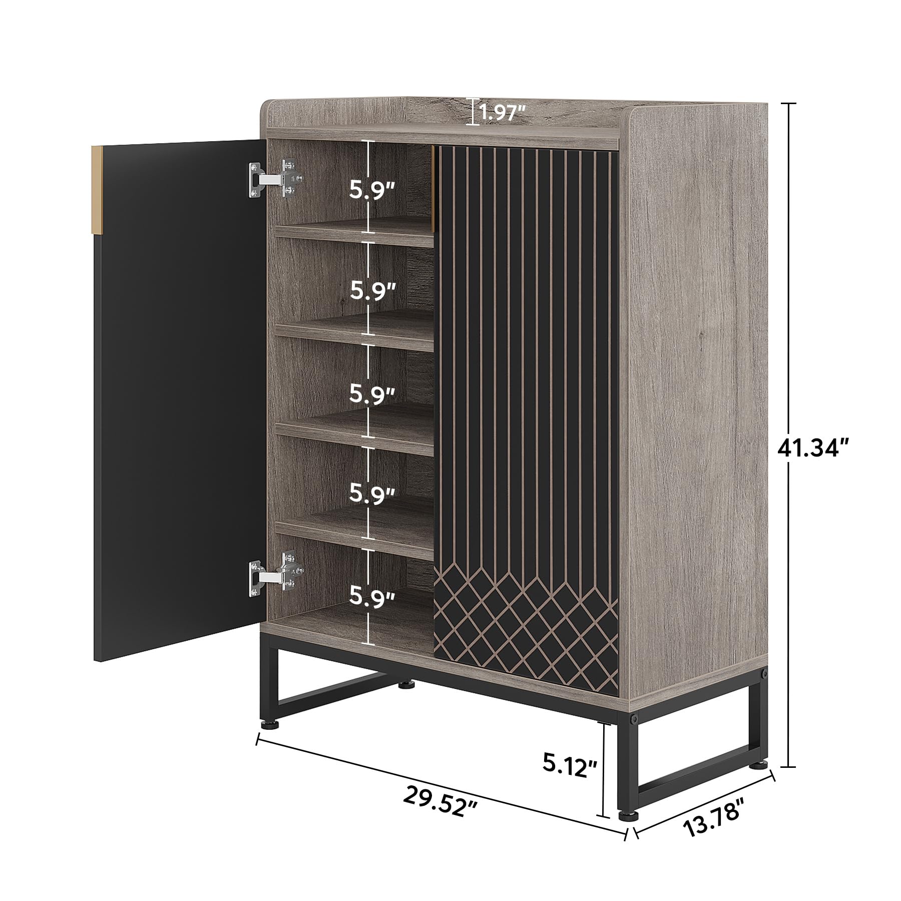 Tribesigns Modern Shoe Cabinet for Entryway, 25 Pairs Shoe Cabinet with Doors, Wood 5-Tier Shoe Organizer, Freestanding Brown Shoe Storage Cabinets with Black Metal Frame for Bedroom Living Room