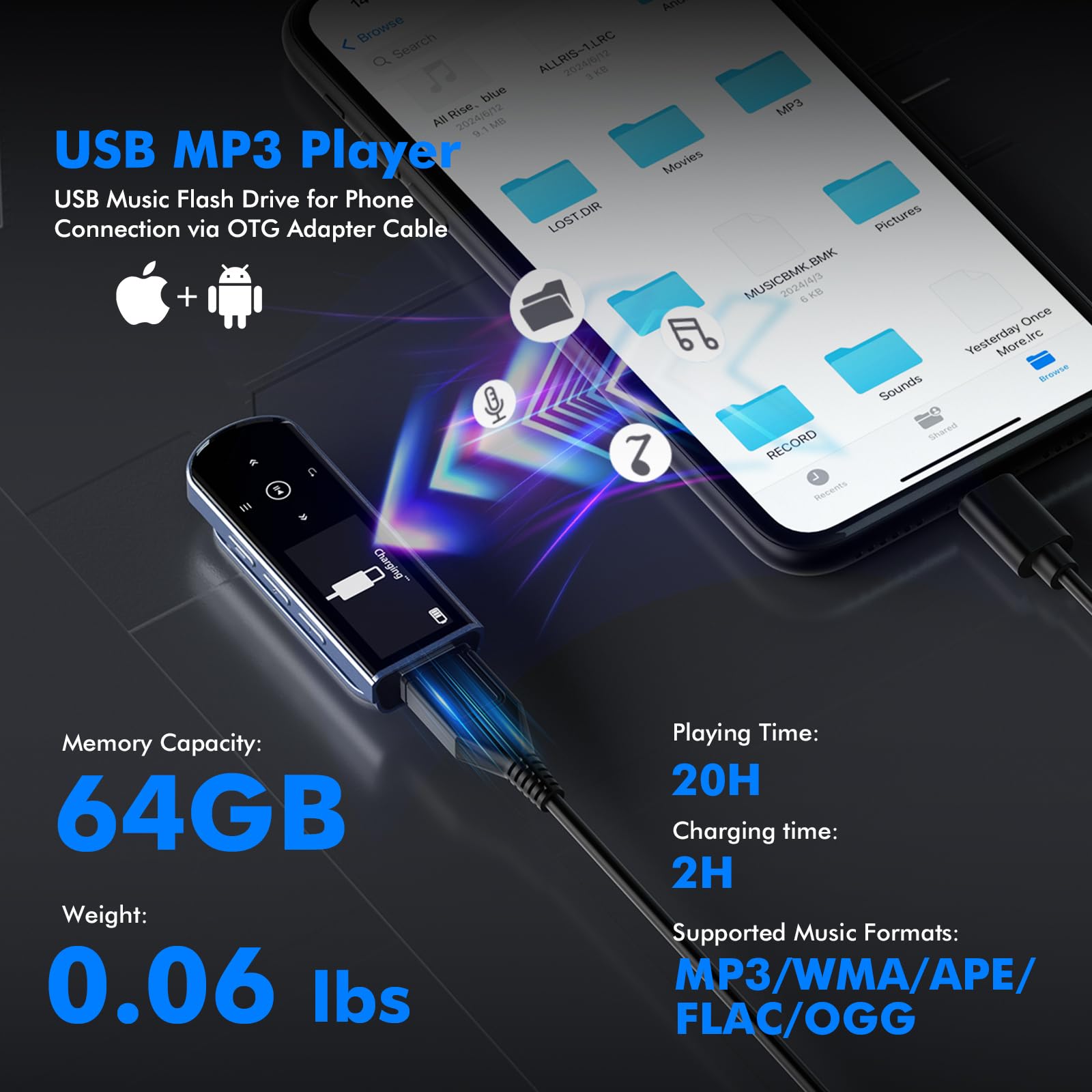 RUIZU 64GB USB MP3 Player with Bluetooth 5.3, Clip Jam Portable Music Player for Sports Running, USB MP3 Player Stick with FM Radio, Voice Recorder, Digital Audio Shuffle Repeat, Phone File Transfer