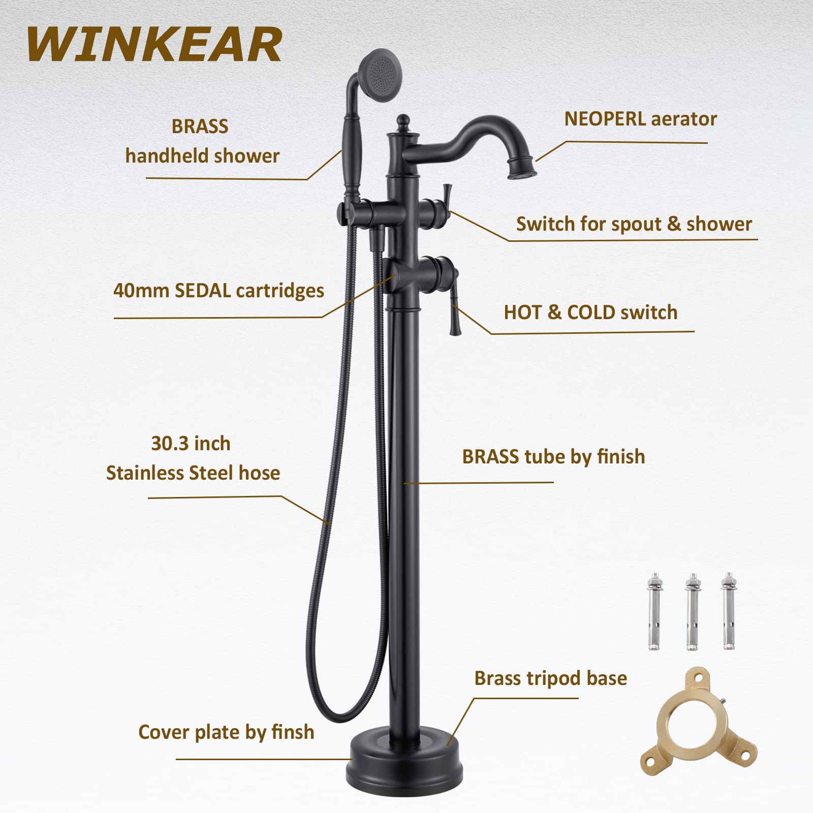 Freestanding Floor Mount Tub Filler with Handheld Shower Roman Bathtub Faucet by Brushed Gold Finish, Swivel Spout with Brass Rough-in and Water Hose