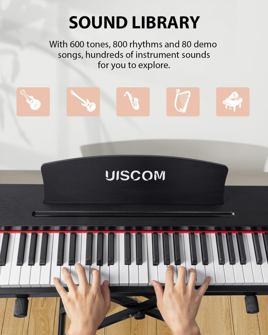 UISCOM Digital Piano Keyboard for Beginners, Full Size 88 Key Semi-Weighted Keyboard Electric Piano with Stand,Power Adapter,Sheet Music Stand,Pedal,Headphone,USB-MIDI Compatible,Wood Grain Apricot