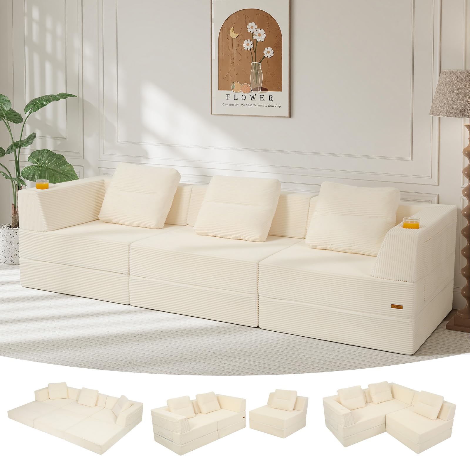 COMAX Futon Sofa Bed, 4‑in‑1 Convertible Sofa Bed, Folding Boneless Couches | Boneless Couch for living room, Fold Out Small Foldable Loveseat Floor Sleeper Mattress Lounge Space‑Saving, Ash Gray