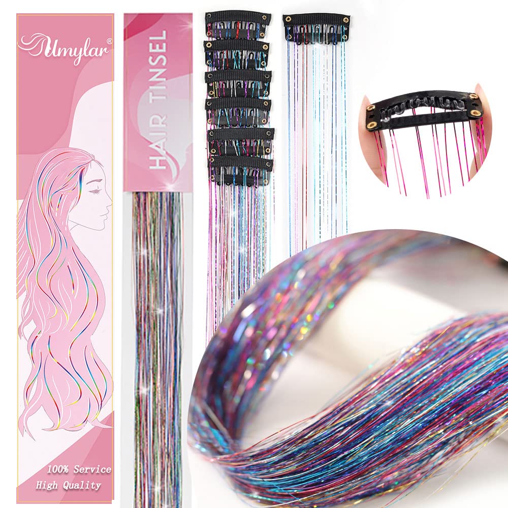 Clip in Hair Tinsel, Pack of 12 Pcs 20 Inch,Glitter Tinsel Hair Extensions, Festival Tinsel Fairy Hair Extension Party Dazzle Hair Accessories Strands Kit for Women Girls(12Pcs,Black#)