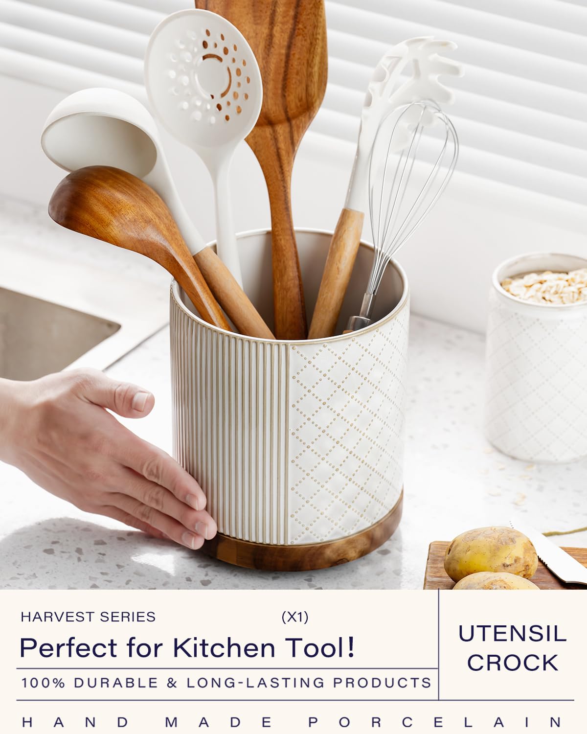 getstar Extra Large Rotating Utensil Holder for Kitchen Counter, 7.2" Ceramic Utensils Crocks Set for Countertop Large & Small Utensil Organizer for Spatula Farmhouse Kitchen Decor