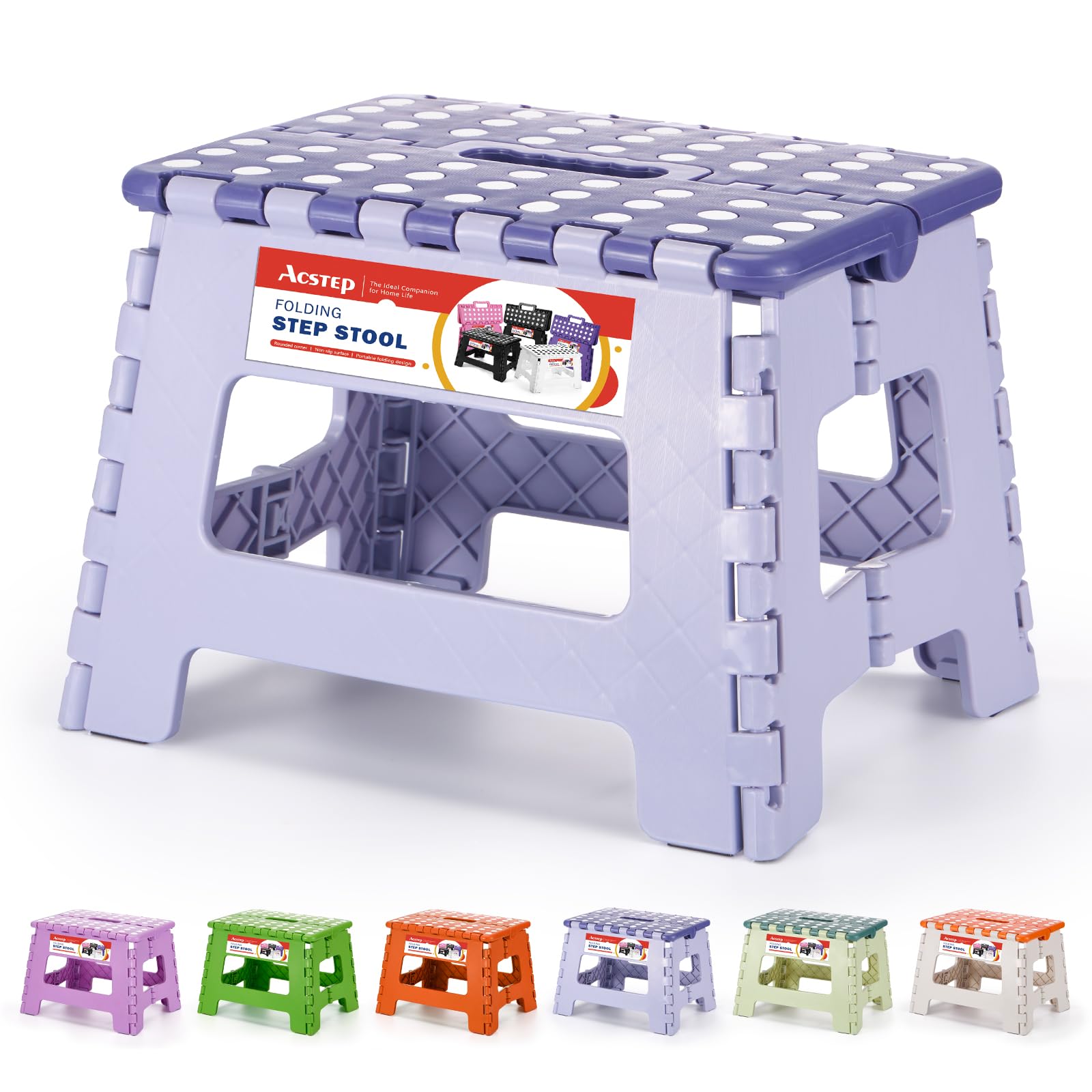 ACSTEP 9 Inch Folding Step Stool 300 LB Capacity Plastic Foldable Step Stools for Kids and Adults, Folding Stool Suitable for Kitchen, Stepping Stool with Handle Bicolor Green Small Step Stool 1PC
