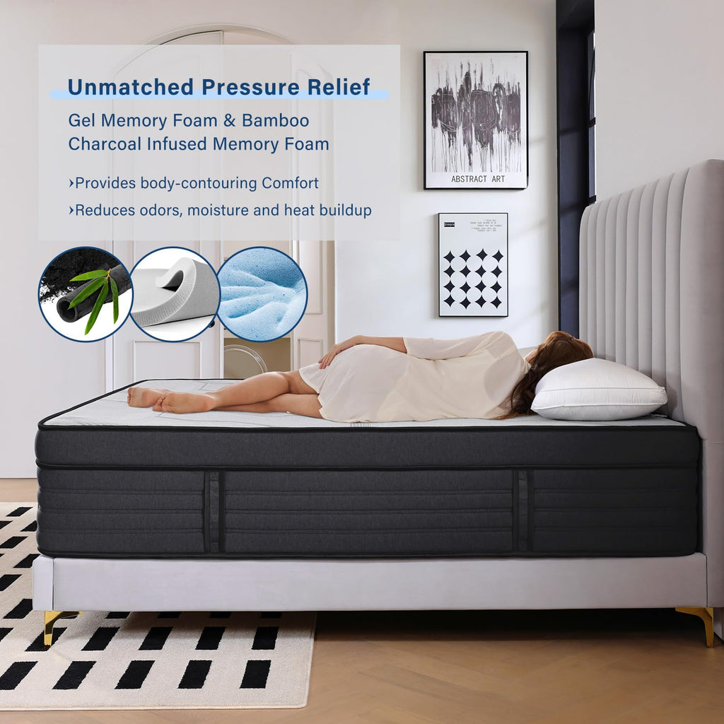 Suiforlun Full Size Mattress, 14 Inch Gel Memory Foam Hybrid Full Mattress in a Box with Pocket Springs, Euro Top Luxury 7 Premium Layers, Cooling Comfort & Pain Relief, Medium-Firm