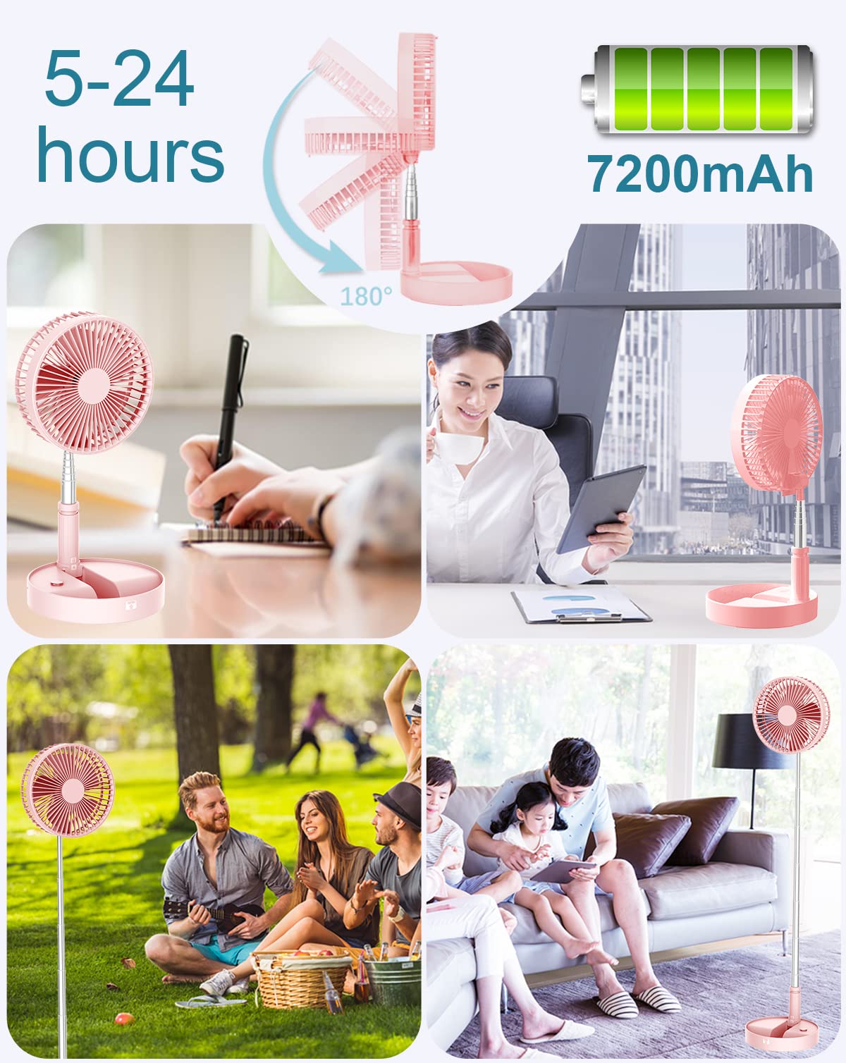 UN UNITEDTIME Portable Fan Foldable Rechargeable [Remote Control ] Battery Operated Foldaway Standing Pedestal Collapsible Fan, 4 Speed, Timer for Camping Travel, Bedroom (Black)