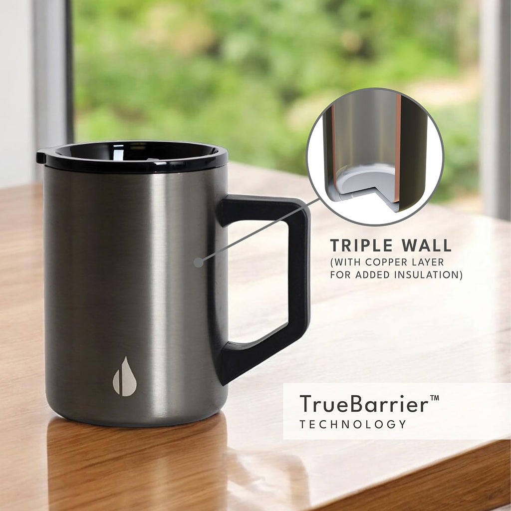 Elemental Insulated Coffee Mug - Triple-Wall Stainless Steel Summit Travel Cup for Hot and Cold Drinks - Thermal Coffee Mug with Lid and Handle for Camping, Office & Travel 12oz - Black