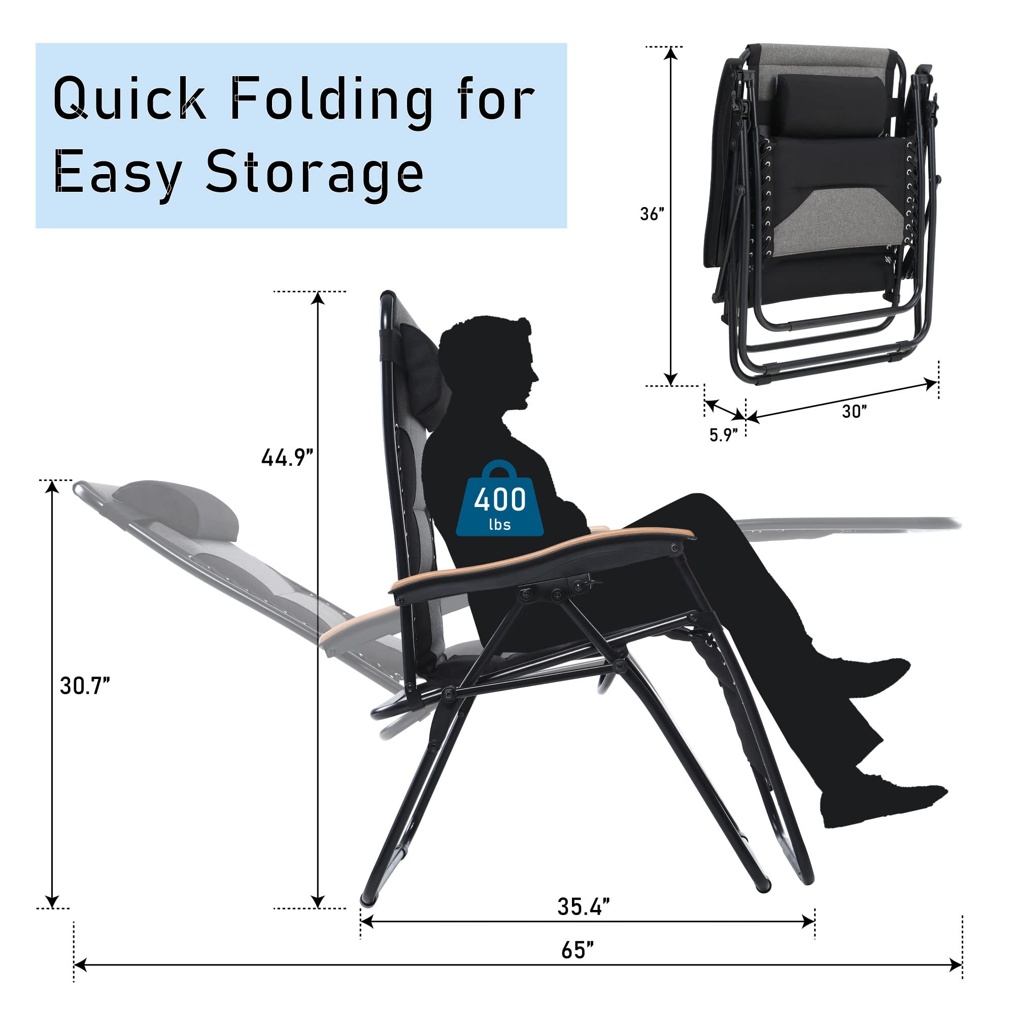 PHI VILLA XXL Oversized Padded Zero Gravity Chair Set of 2, Foldable Patio Recliner, 30" Wide Seat Anti Gravity Lounger with Armrest and Cup Holder, Support 400 LBS (Aqua Blue)
