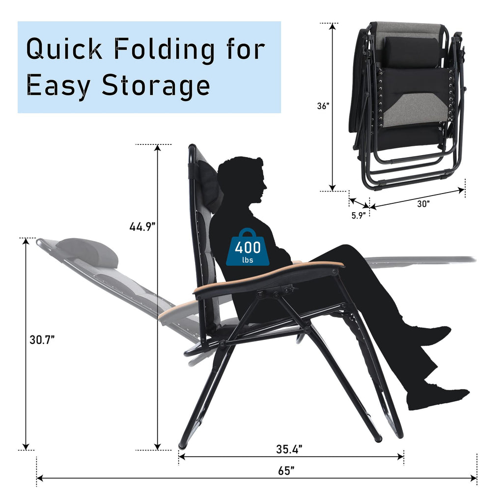 PHI VILLA XXL Oversized Padded Zero Gravity Chair Set of 2, Foldable Patio Recliner, 30" Wide Seat Anti Gravity Lounger with Armrest and Cup Holder, Support 400 LBS (Aqua Blue)