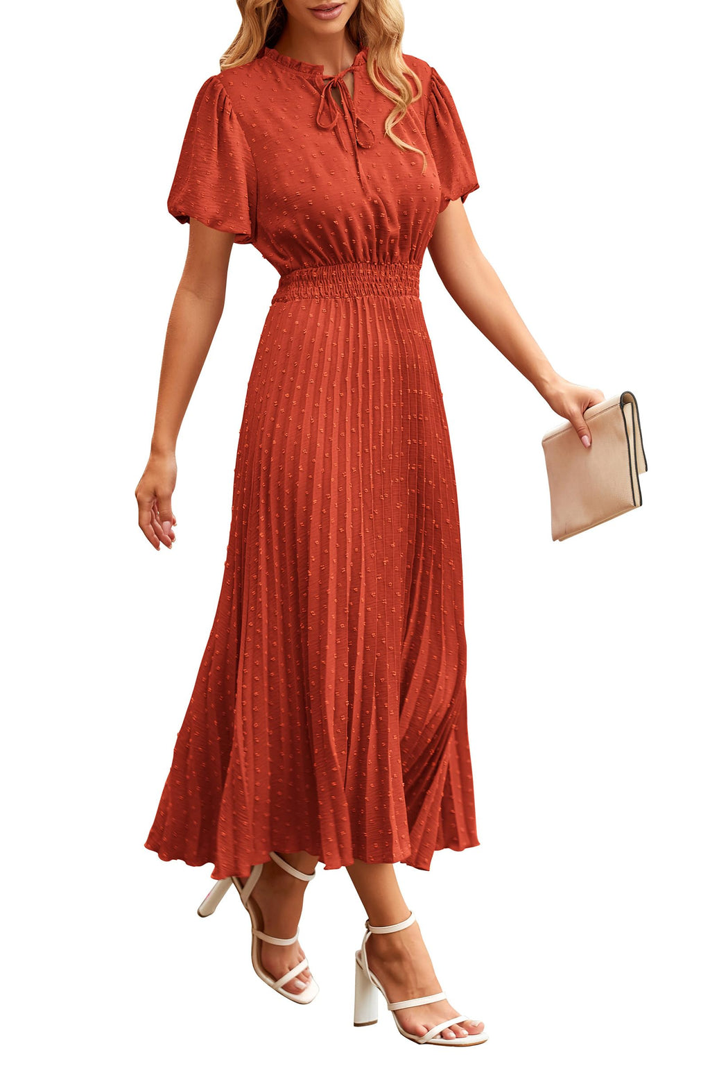 PRETTYGARDEN Womens Summer Midi Dresses Puff Short Sleeve V Neck Swiss Dot Pleated A Line Flowy Long Wedding Guest Dress