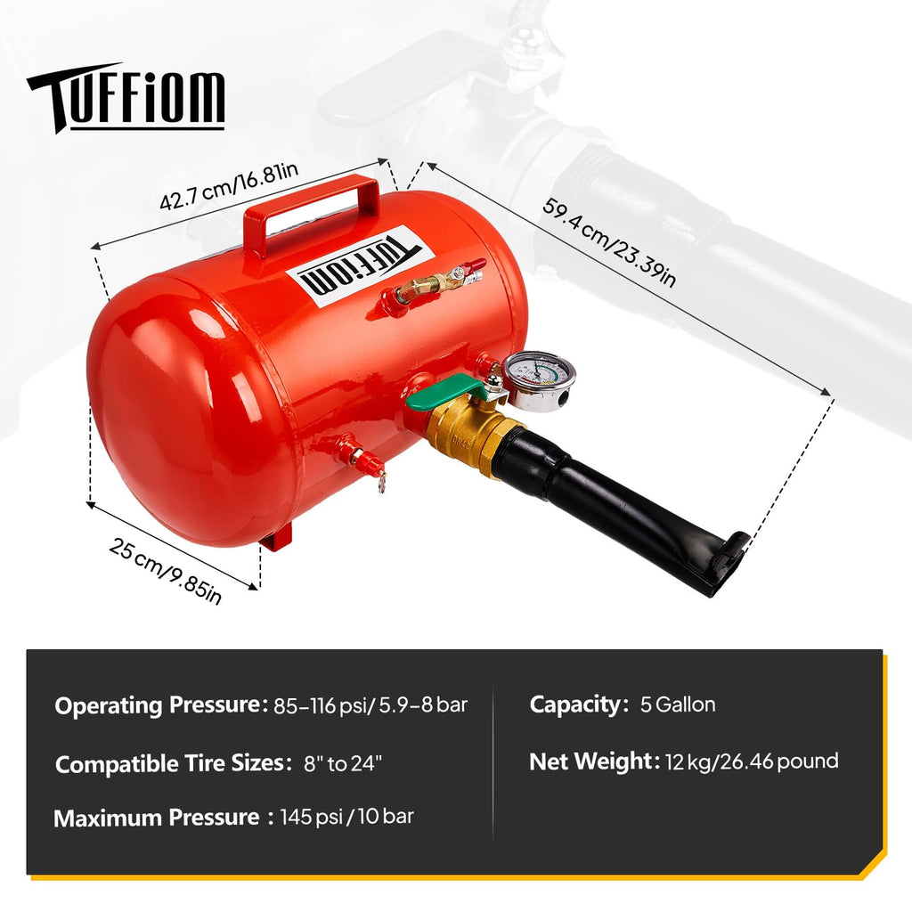 TUFFIOM 5 Gallon Air Tire Bead Blaster Seater w/Pressure Gauge & Handle, Wheel Seating Tool Inflator Tank for Truck ATV, 85-116PSI Operating Pressure, Red