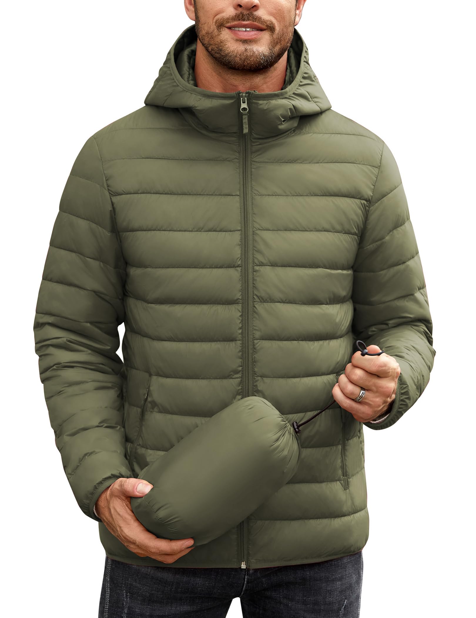 COOFANDY Mens Packable Puffer Jacket Lightweight Hooded Insulated Winter Coat Windproof Zipper Down Jacket