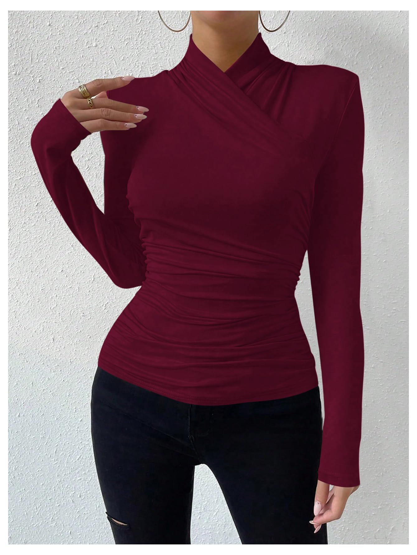 SweatyRocks Women's Ruched Mock Neck Long Sleeve T Shirt Solid Slim Fitted Tee Tops