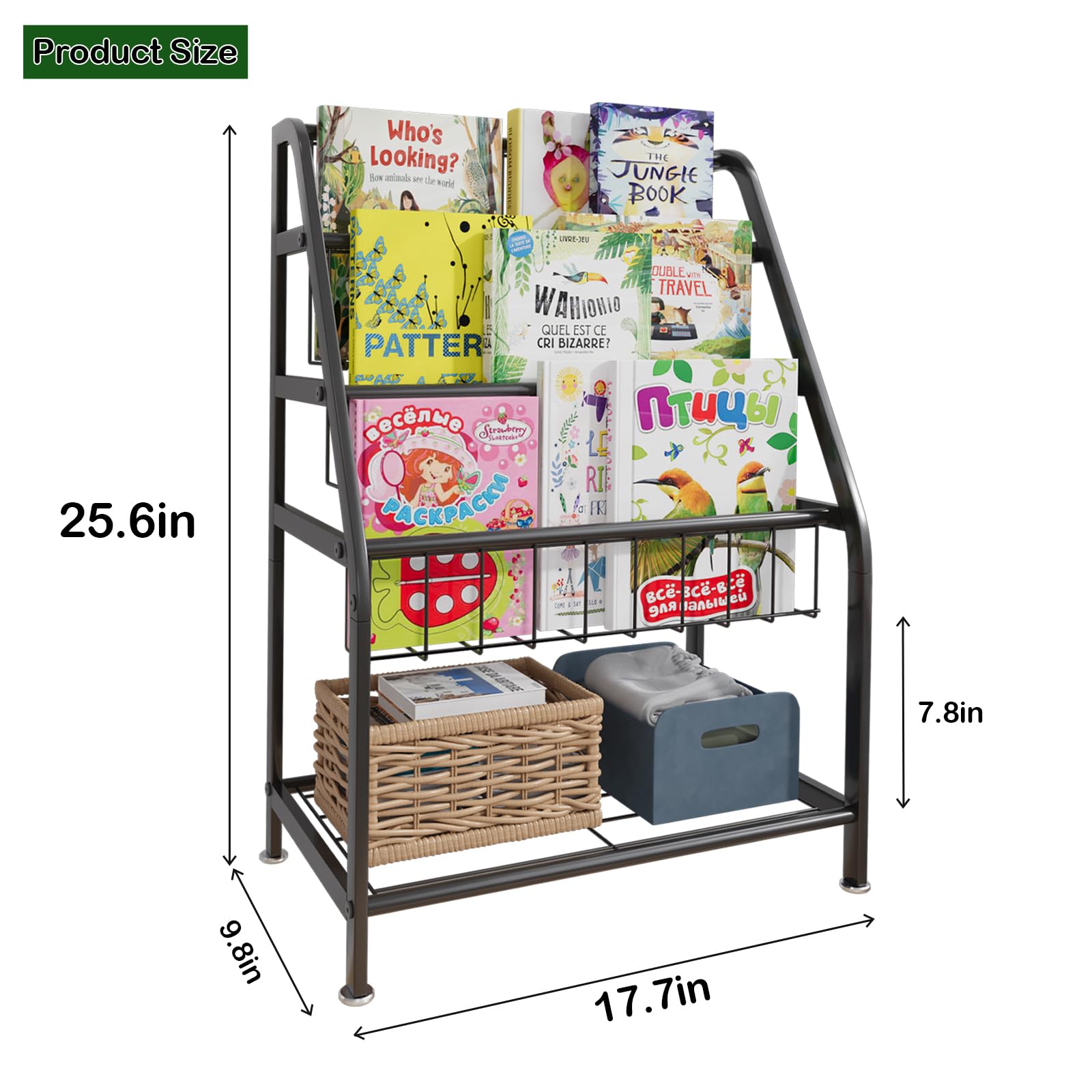 aboxoo Metal Kids Bookshelf Black Large Freestanding for Children Room 32 in Toy Organizer Large Stable Bookcase Bookstore Library Book Unit Storage Kids Bed Living Room