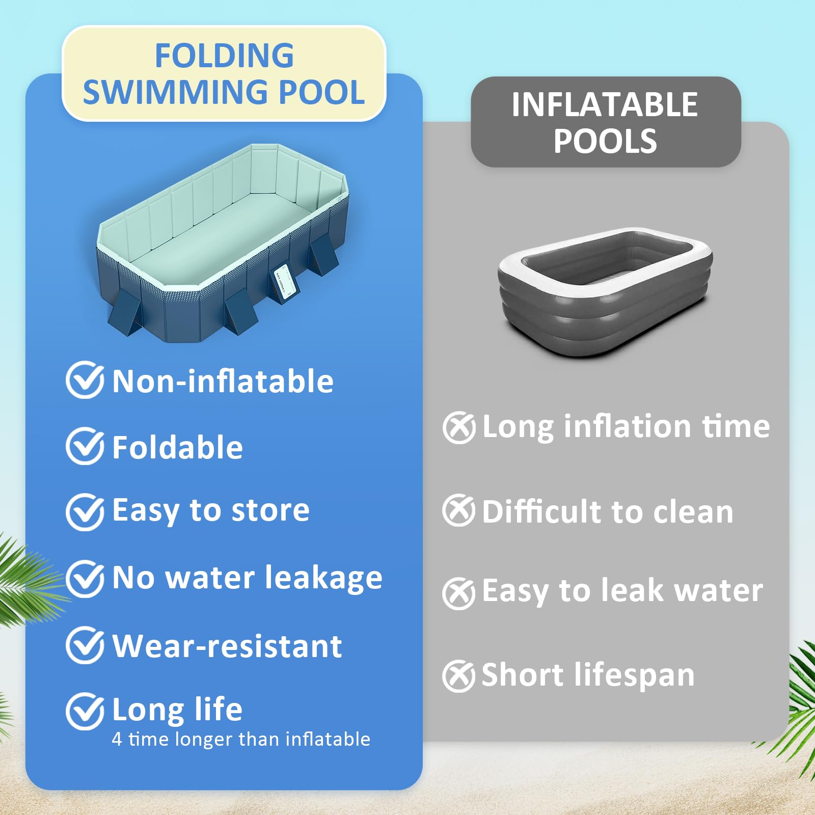 WIRHAO Foldable Non-Inflatable Kids' and Adults' Outdoor Swimming Pool Hard Plastic Shell Kid Pool for Backyard Dog Pools (113" x 66" x 20")