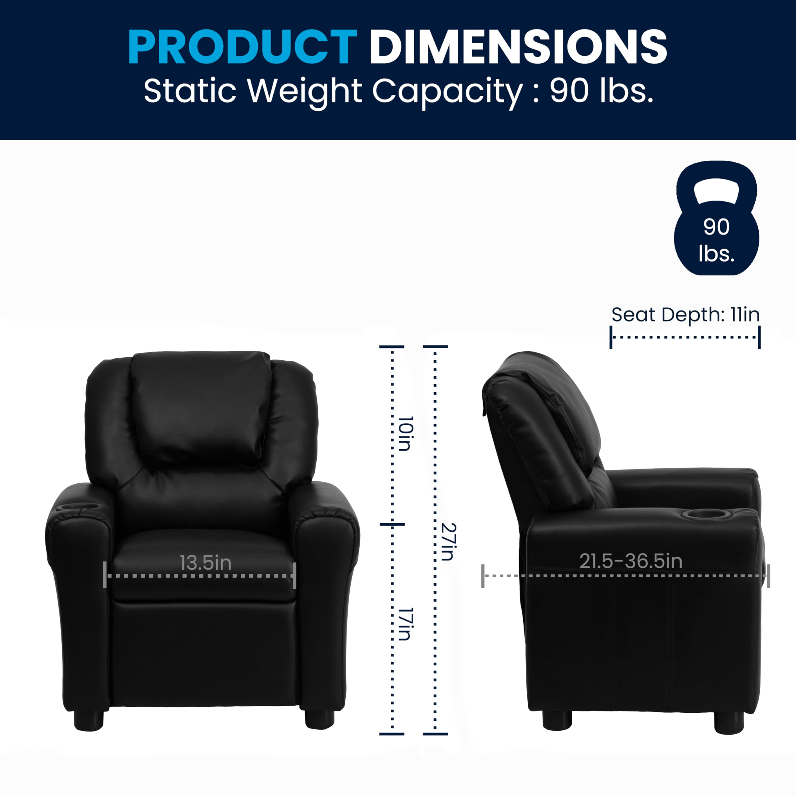 Flash Furniture Vana Vinyl Kids Recliner with Cup Holder, Headrest, and Safety Recline, Contemporary Reclining Chair for Kids, Supports up to 90 lbs., Beige