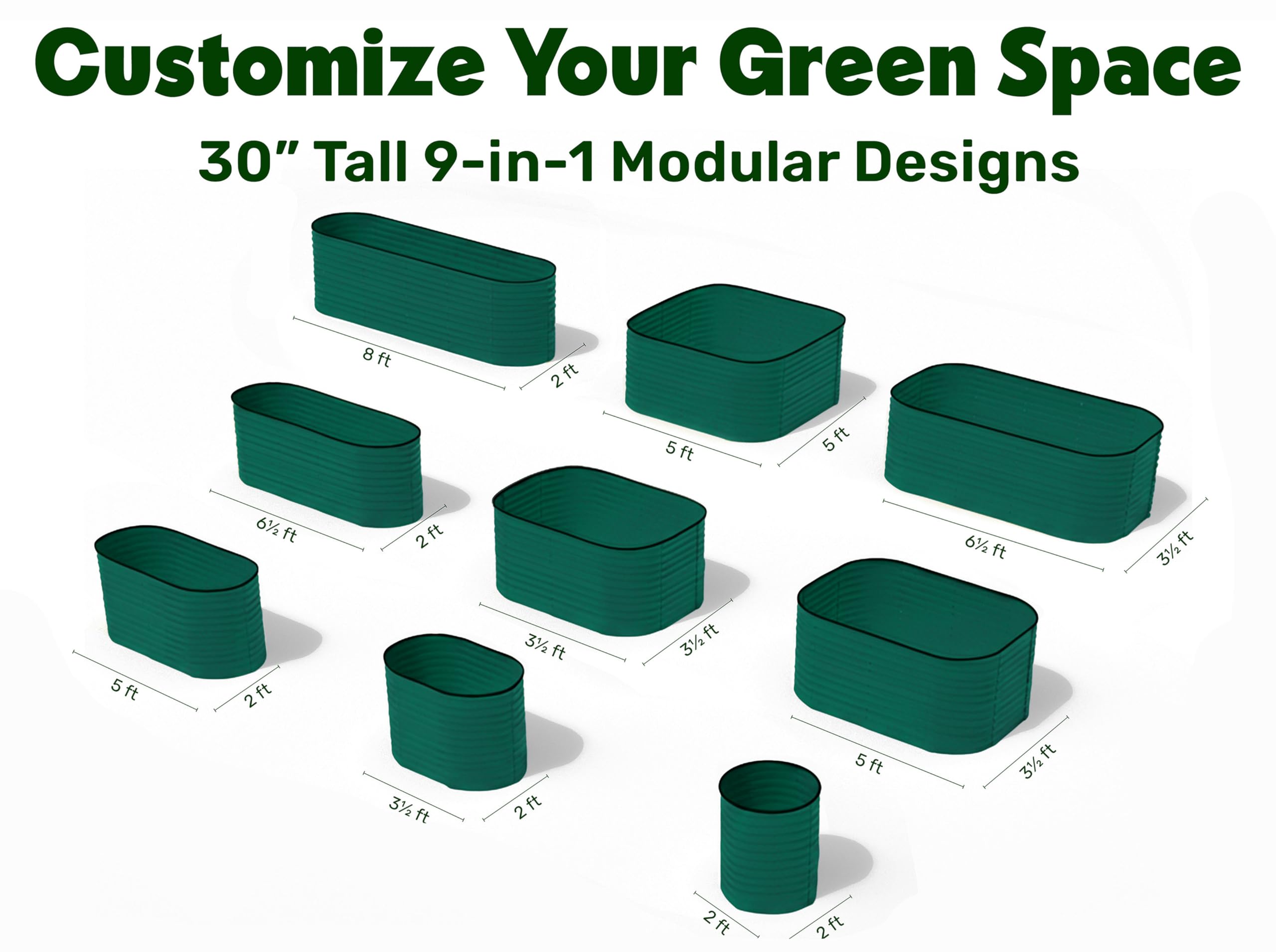9-in-1 Galvanized Steel Raised Garden Bed // 8×2×1.5 ft Modular Planter for Gardening, Vegetables, Flowers // 18" Tall Metal Raised Garden Beds Outdoor (Dark Green) // Patented Design Planter Box
