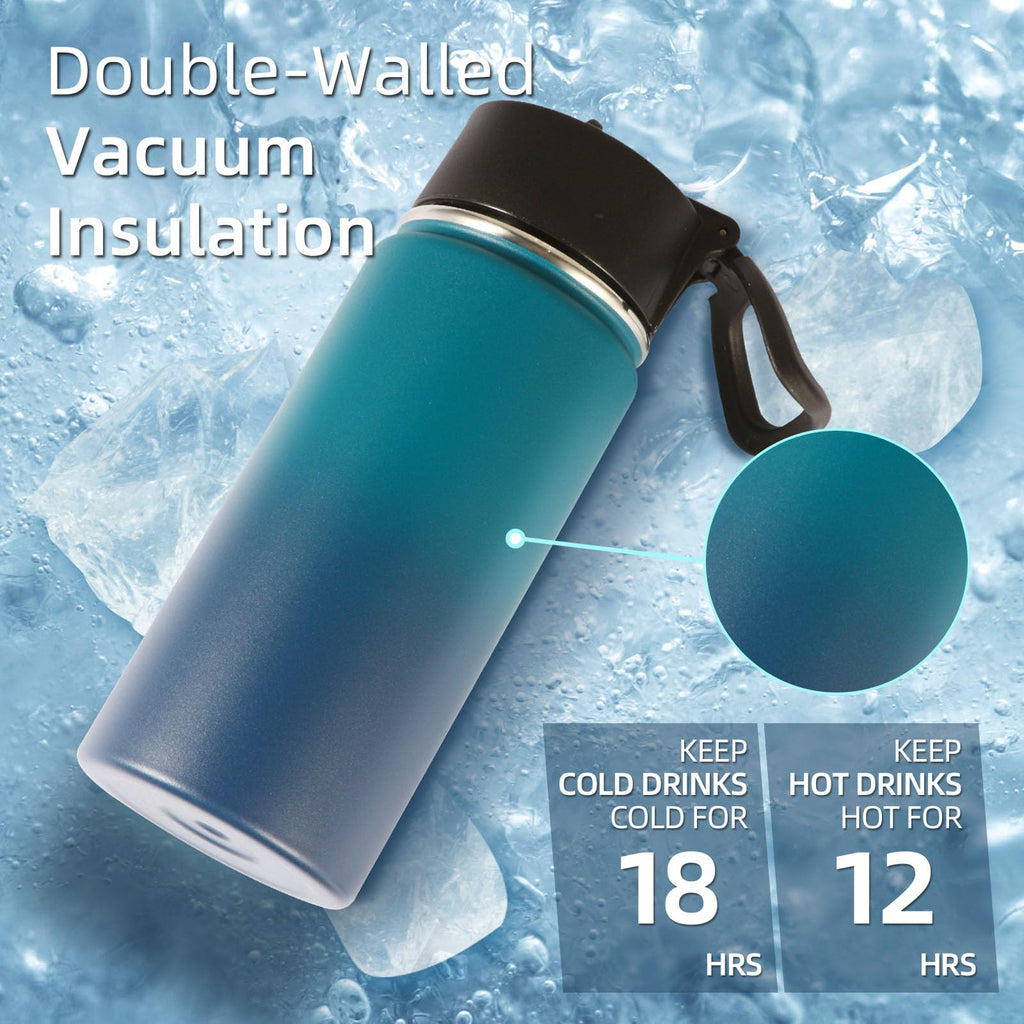 Volhoply Kids Insulated Water Bottle with Straw,16oz Stainless Steel Cold Water Bottles for School,BPA-Free Metal Wide Mouth Cups with Handle Lid,Reusable Double Wall Vacuum Sport Flask(Black,1)