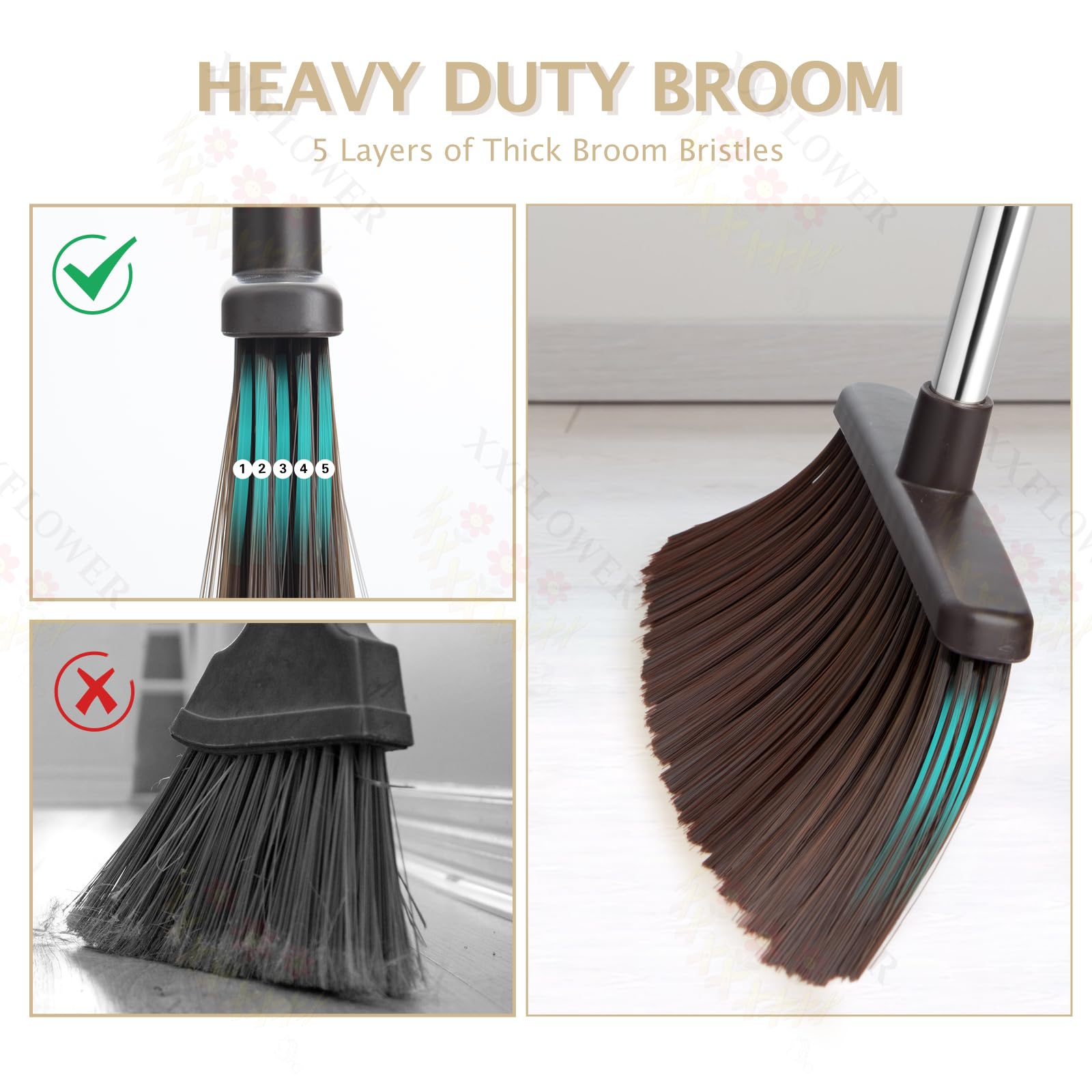 Broom and Dustpan Set with Long Handle, Heavy Dust Broom and Dustpan Combo for Home，Kitchen, Office, Pet Hair(Beige)
