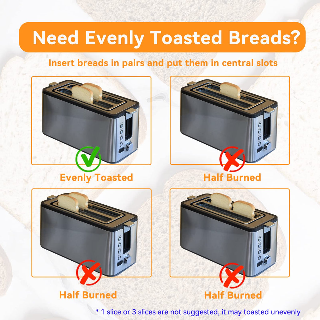 Mecity 4 Slice Toaster, Long Slot Toaster With Warming Rack, Timer, Bagel, Defrost, Reheat Functions, Crumb Tray, 6 Browning Settings, Extra Wide Long Slots, Stainless Steel, 1300W, Grey