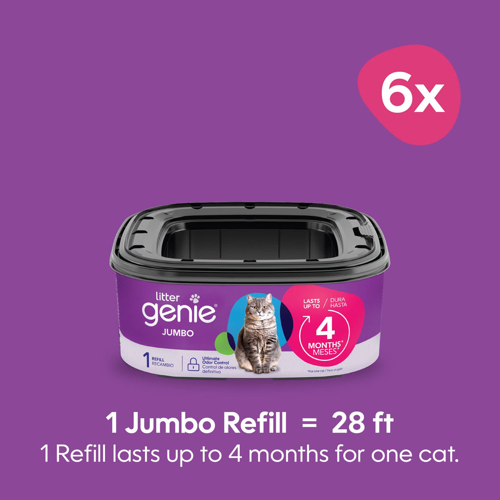 Litter Genie Refill Bags | Jumbo 6-Pack 168 total ft | Up to 24 months of supply in 6 cartridges | Ultimate Odor Control Cat Litter Bags