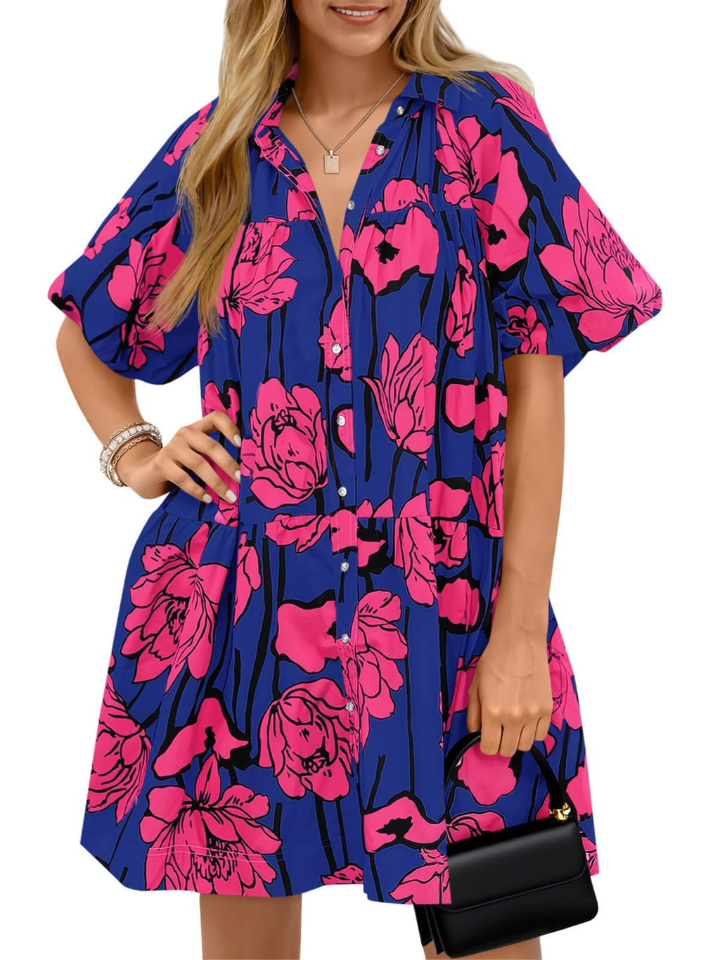 Wenrine Women's Summer Button Down Shirt Dress Floral Puff Short Sleeve Casual Loose Fit Beach Mini Dresses