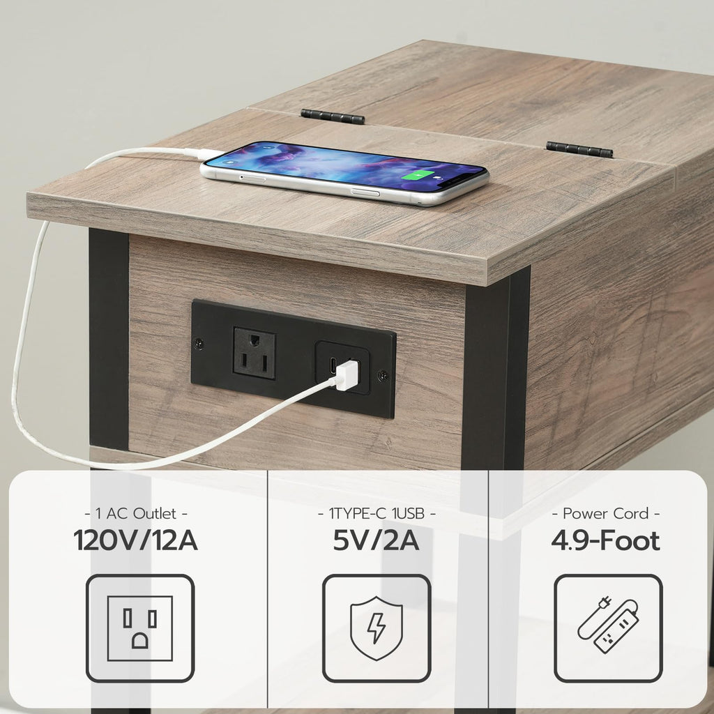 HOOBRO End Table with Charging Station, Flip Top Side Table with USB Ports, Narrow Nightstand Bedside Tables with Storage Shelves, for Small Space, Living Room, Black BK141UBZ01