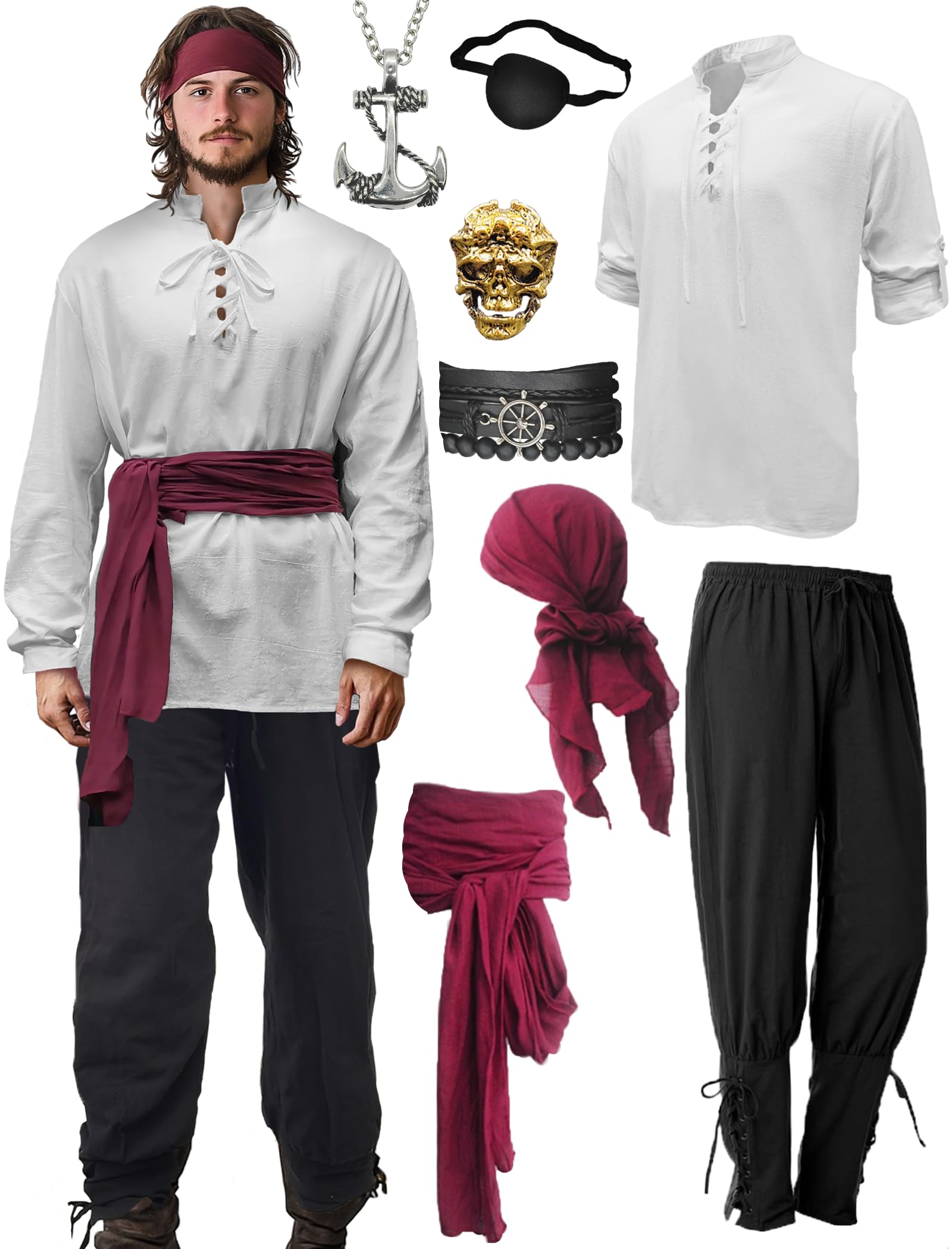 Verceco Mens Pirate Costume Outfit Renaissance Costume Men Medieval Outfit With Pirate Pants Shirts Sash Accessories (Black, Medium)