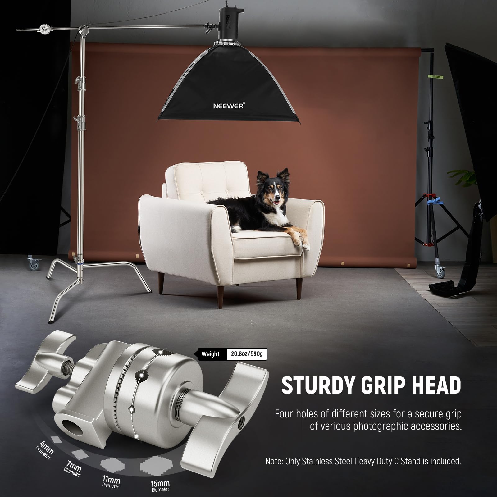 NEEWER Pro 100% Stainless Steel Heavy Duty C Stand with Boom Arm, Max Height 68"/172cm Photography Light Stand with 2.7ft/83cm Holding Arm, 2 Grip Head for Studio Monolight, Softbox, Reflector, SC172