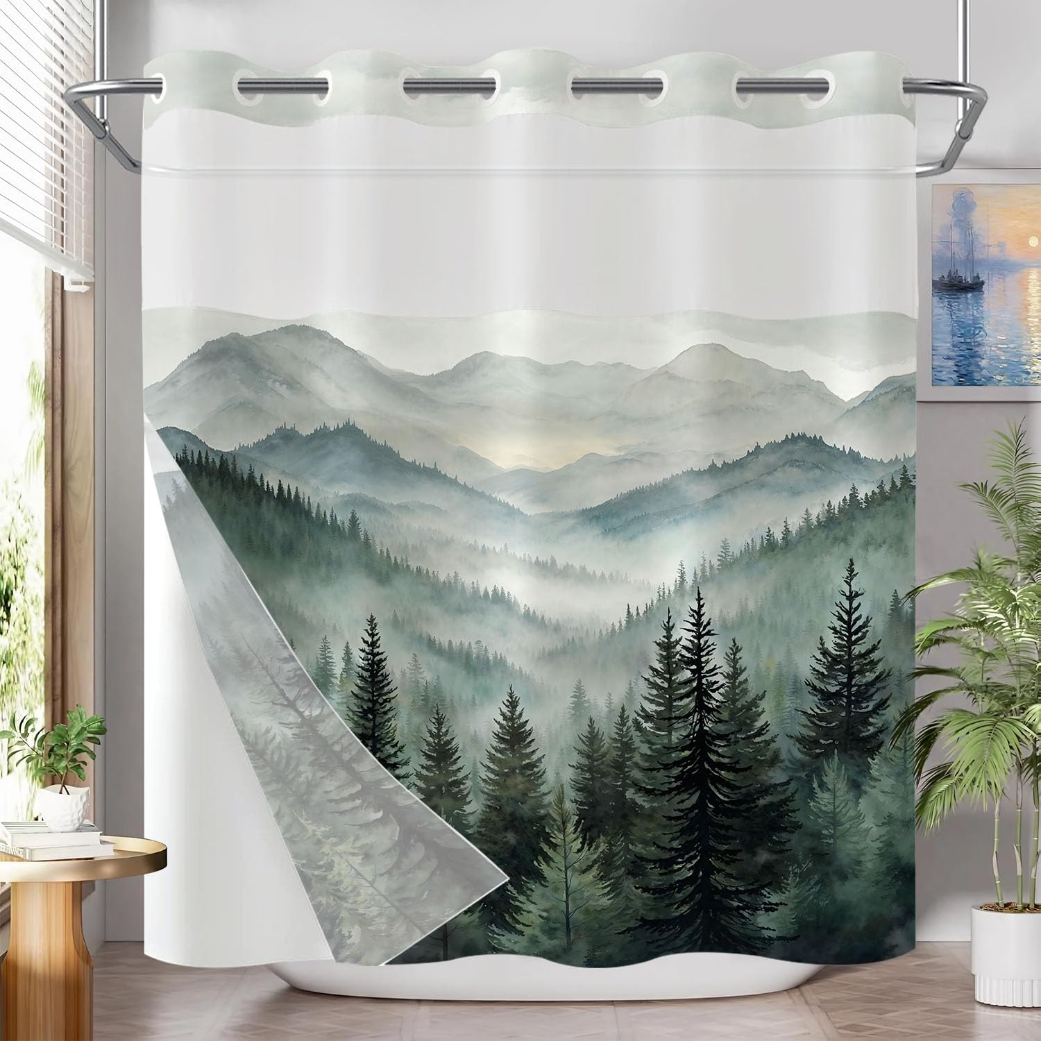 Stall Small Black and White Misty Forest Shower Curtain Ombre Gray Grey Mountain Pine Tree Waterproof Fabric Shower Curtains for Bathroom Nature Woodland Decorative Bath Curtain Decor 36×72 Inches