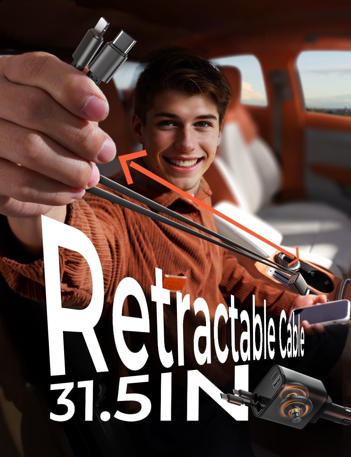 LISEN Retractable Car Charger, 84W Car Charger USB C Fast Charger Adapter for iPhone, Car Accessories for Men Women, Birthday Gifts for Fathers Day for Men Dad Husband, for iPhone 17 16 15 14 13 12 11