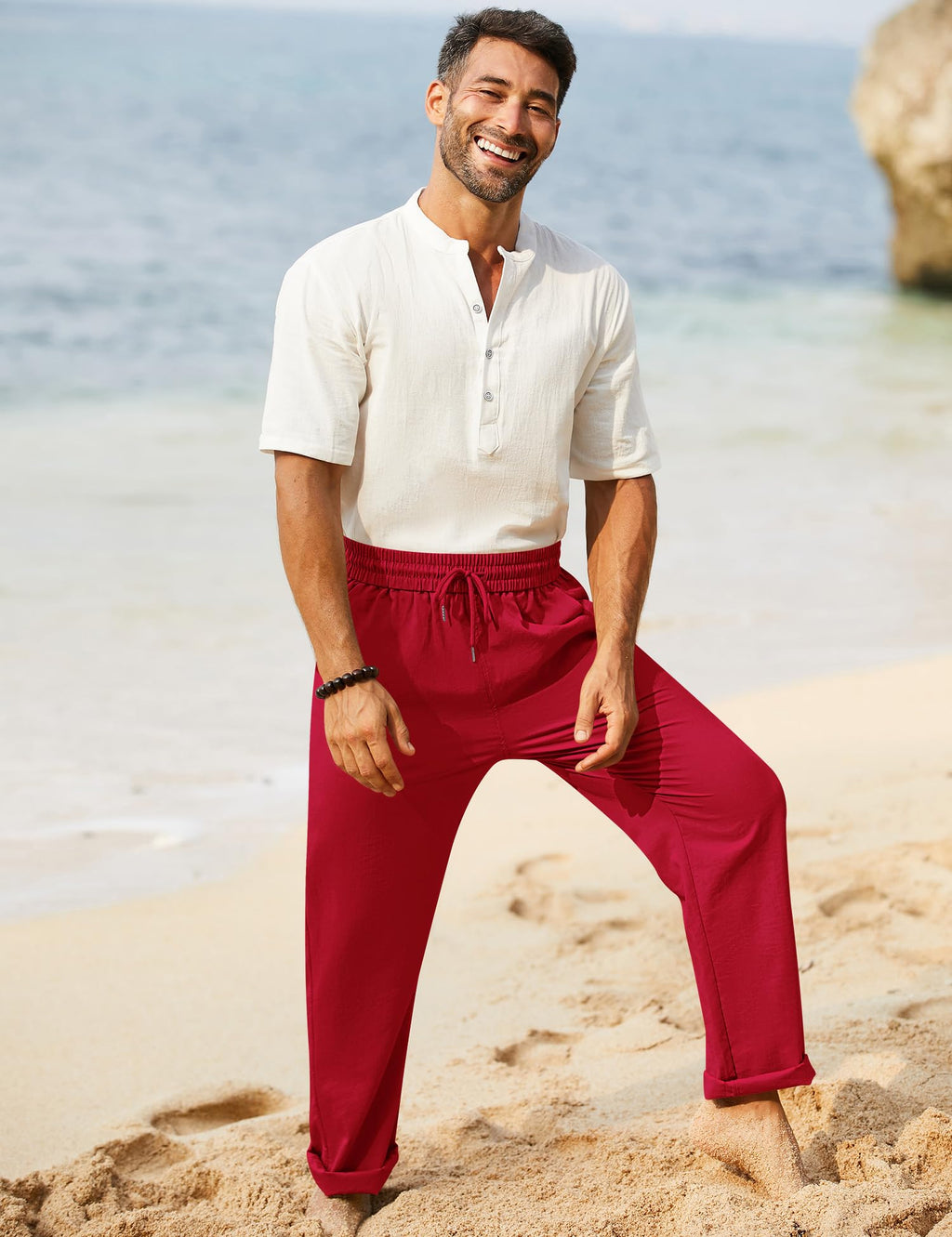 iWoo Linen Pants Men Casual 2025 Summer Beach Elastic Drawstring Waist Yoga Pants Travel Baggy Work Pant Pajama