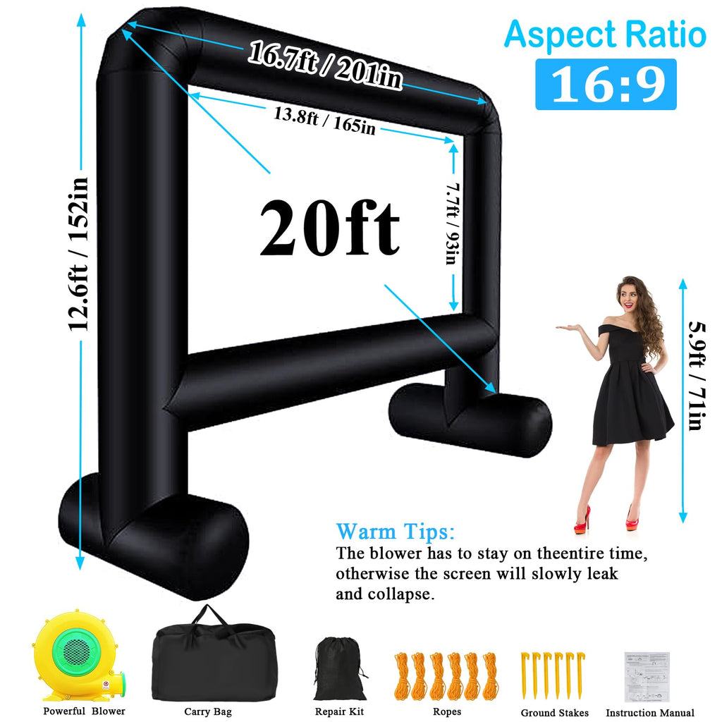 16FT Inflatable Movie Screen Outdoor, Blow up Projector Screen Support Front & Rear Projection for Backyard Outdoor Movie Night Barbecue Pool Party with Blower and Carry Bag