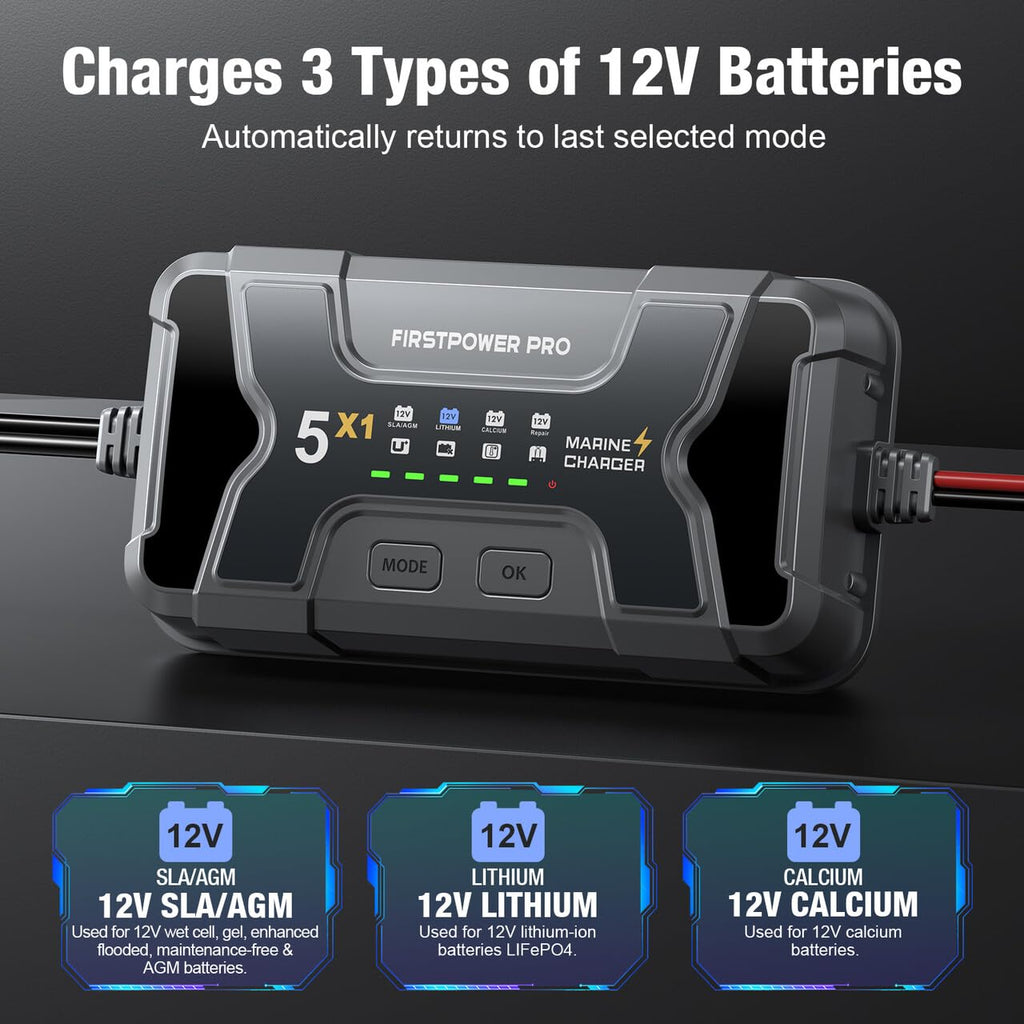 Marine Battery Charger 5X1: 1-Bank, 5A Onboard Battery Charger - 5A Per Bank, 12V Waterproof Boat Batter Charger for SLA/AGM, Lithium, Calcium - Charged 24/7