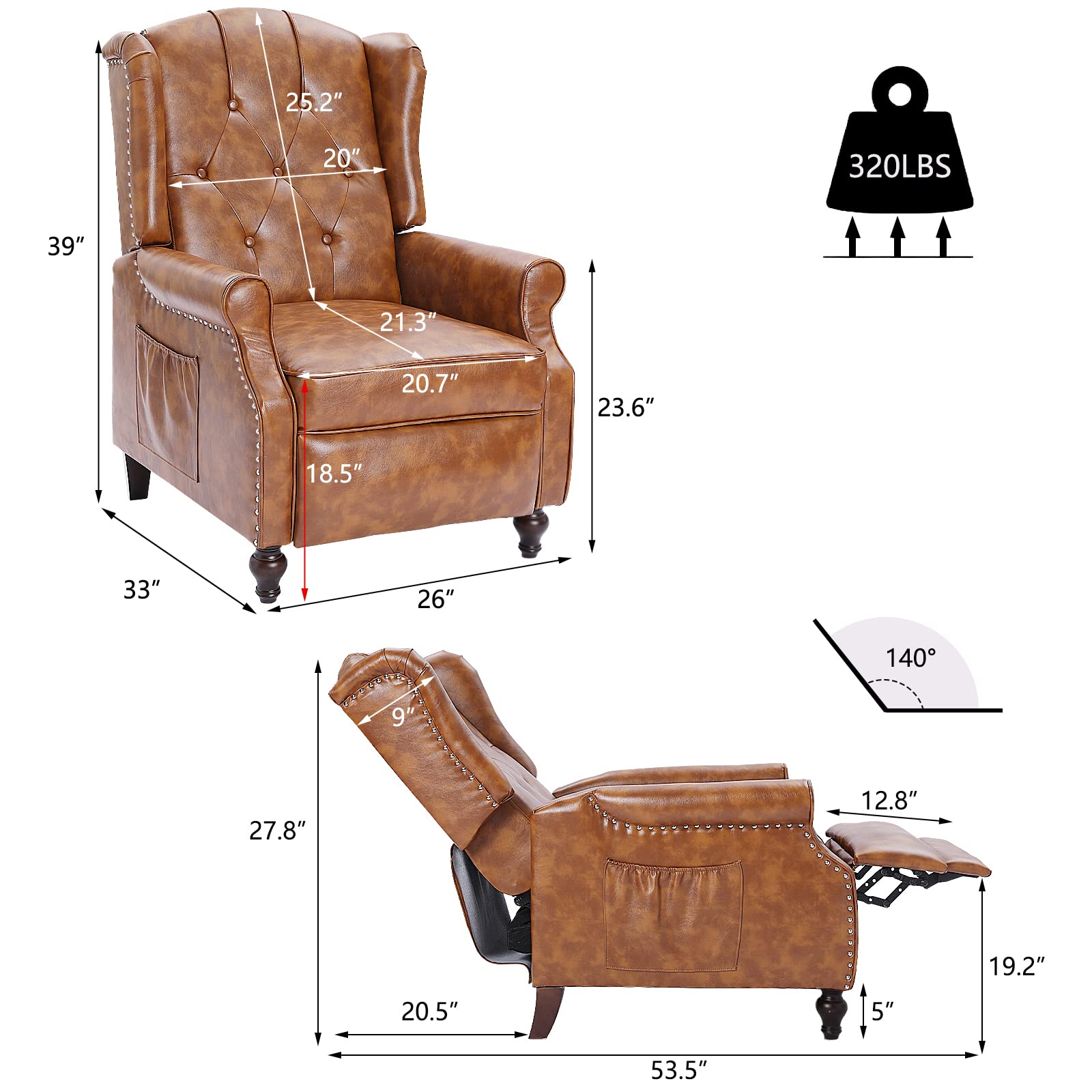 Wingback Chair with Massage and Heat, Tufted Fabric Pushback Recliner Chair, Wingback Recliner Chair with Remote Control, Padded Cushion, Wooden Legs, Small Recliners for Small Spaces